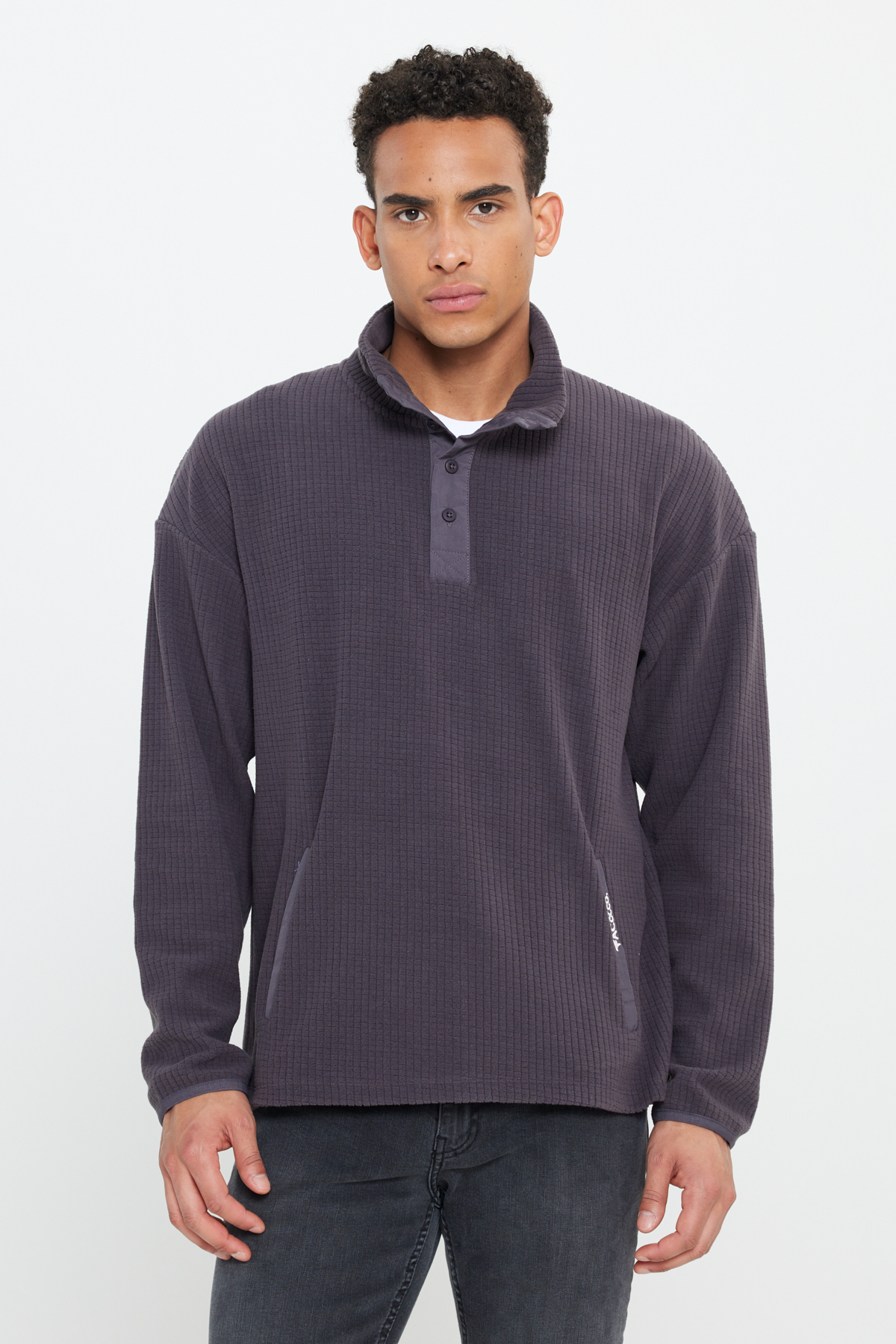 AC&Co / Altınyıldız Classics Koyu Gri Loose Fit Dik Bato Yaka Jakarlı Yumuşak Tuşeli Polar Sweatshirt görsel 2
