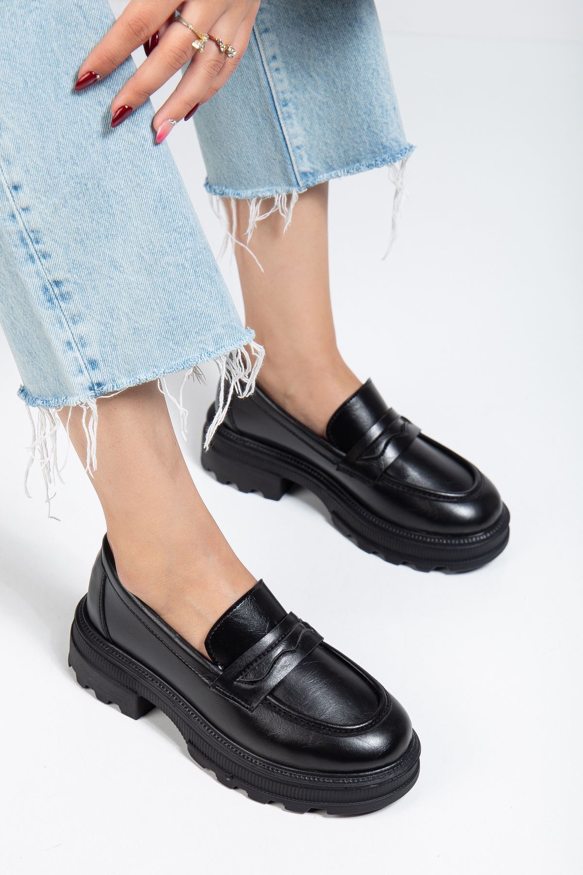 infon shoes creation 746-759 Siyah Yanki Yüksek Tabanlı Loafer Ayakkabı görsel 2