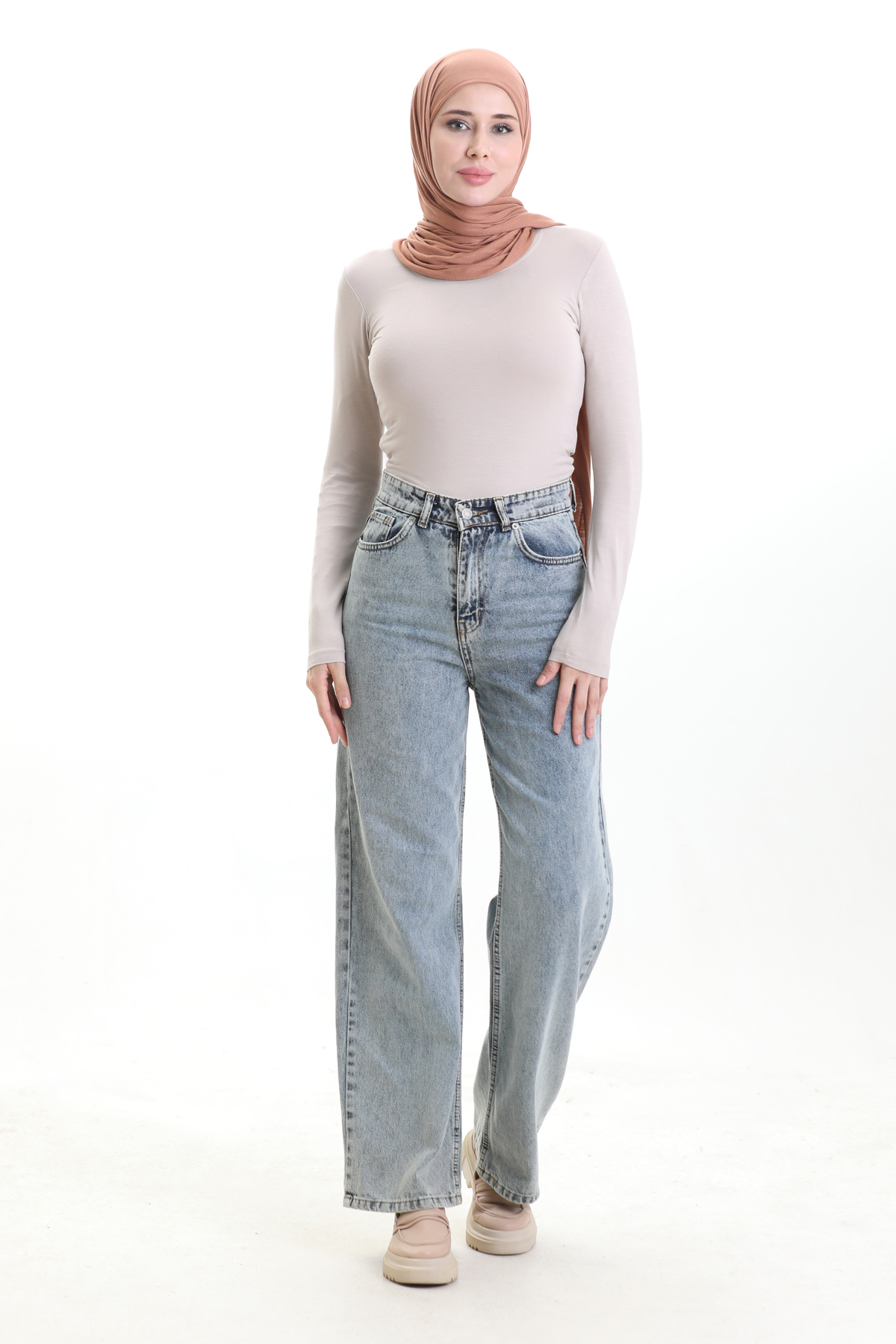 Kadın Likralı Basic Uzun Kollu Body - Taş