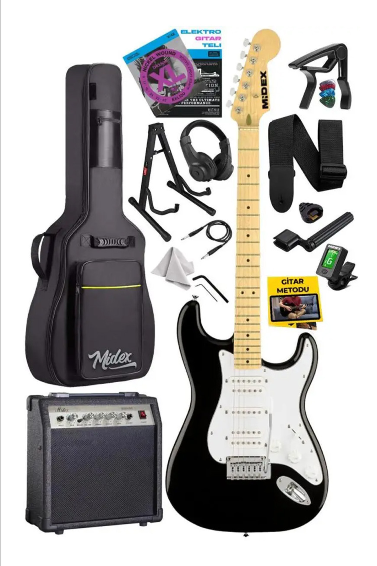 Midex RPH-40WB-30AMP Siyah Beyaz 30W Amfili Elektro Gitar Seti HSH Manyetik Maple Klavye Üst Kalite