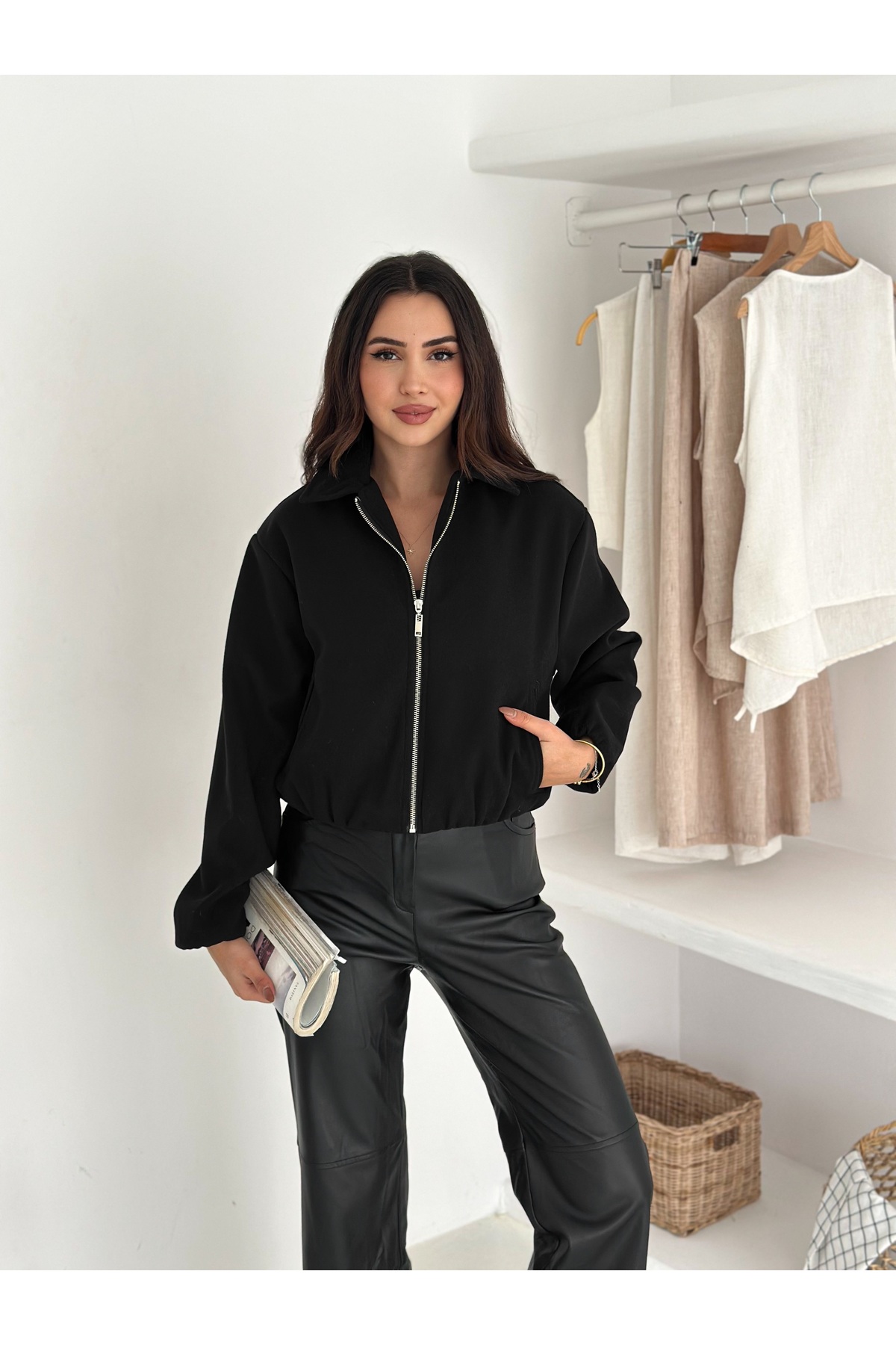 SBL COLLECTİON Kadın Cep Detaylı Fermuarlı Kaşe Bomber Ceket görsel 6