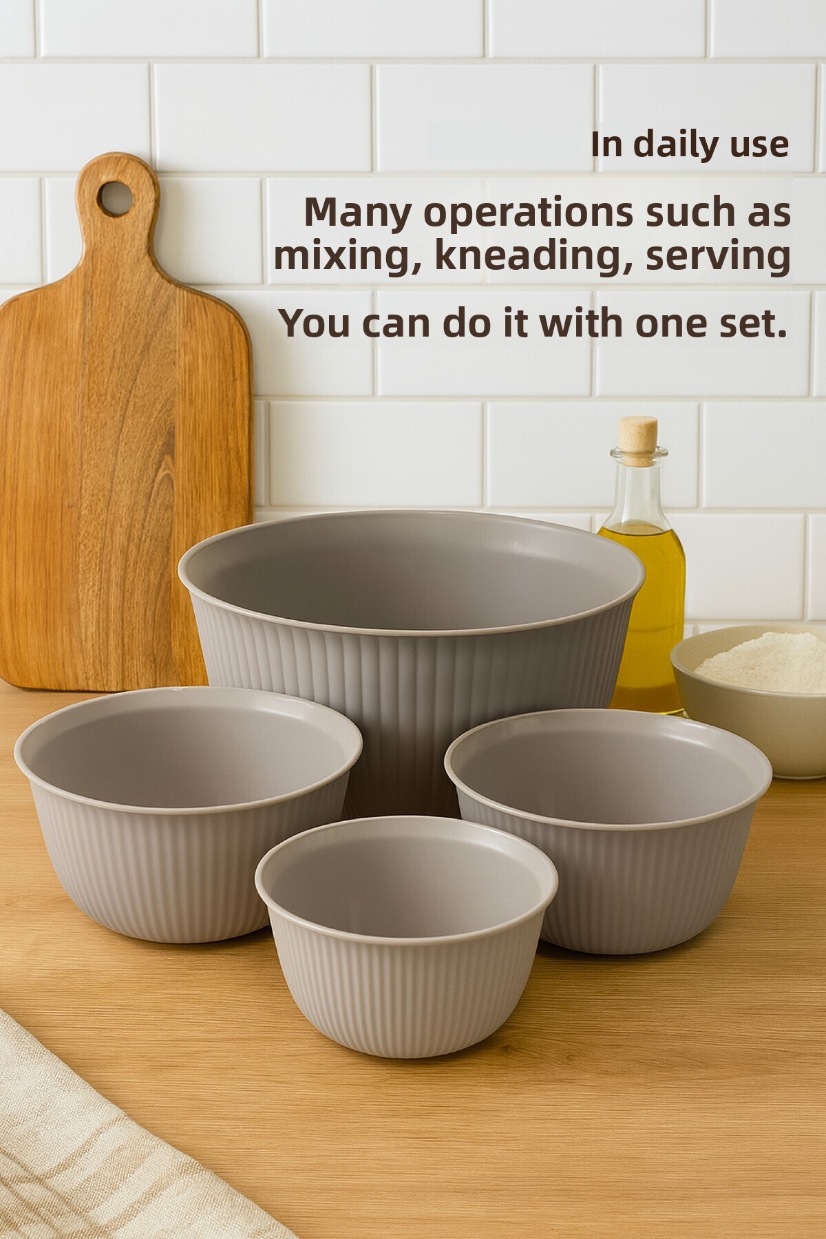 Vienev Σετ 4 μεγάλων πλαστικών μπολ για ανάμειξη και αποθήκευση | 1L, 2L, 3L, 5L Μπεζ