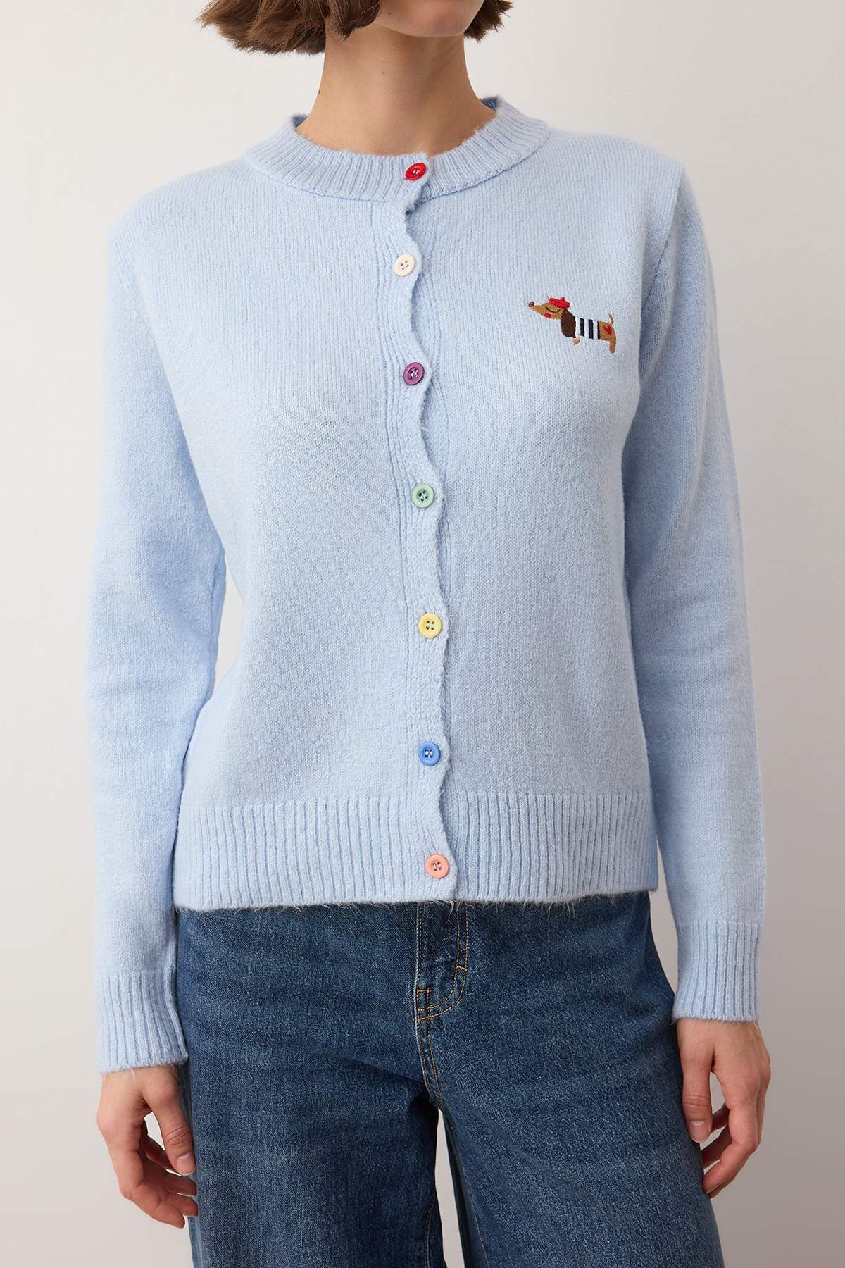 Trendyolmilla  Bebe Mavisi Bisiklet Yaka Yumuşak Dokulu Köpek Nakışlı Triko Hırka TWOAW26HI00274 - Görsel 3