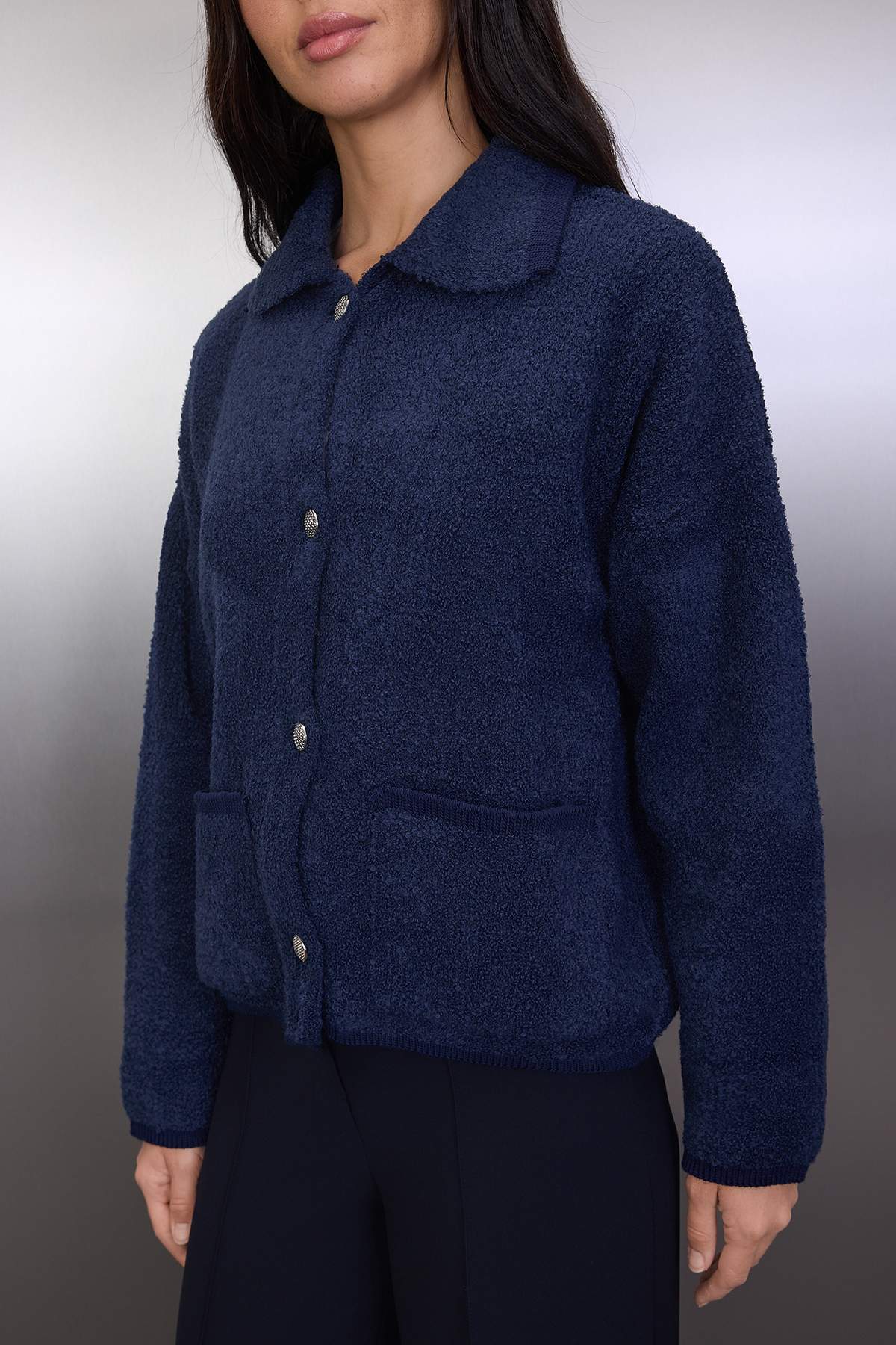 Trendyolmilla  Lacivert Geniş Kalıp Polo Yaka Buklet Triko Hırka TWOAW24HI00177 - Görsel 3