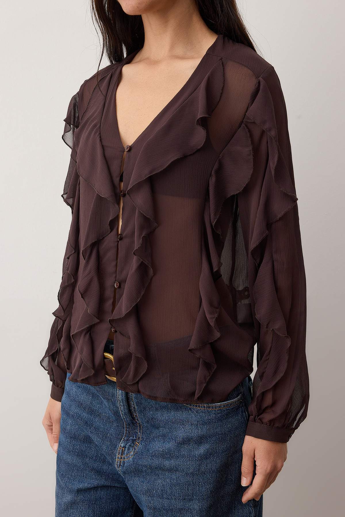 Trendyolmilla  Kahverengi Volanlı Boho Gömlek TWOAW26GO00045 - Görsel 3