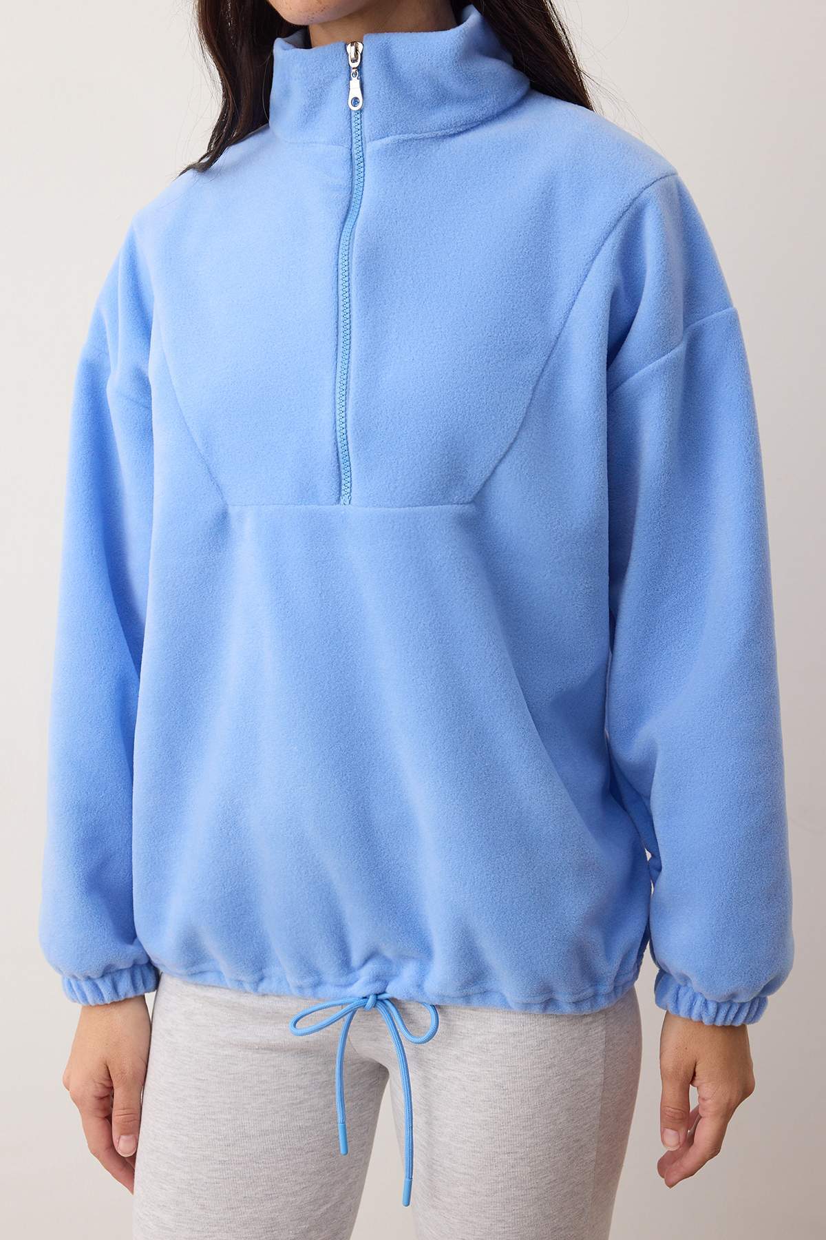 Trendyolmilla  Açık Mavi Fermuarlı Dik Yaka Polar Regular/Normal Kesim Örme Sweatshirt TWOAW21SW0758 - Görsel 3