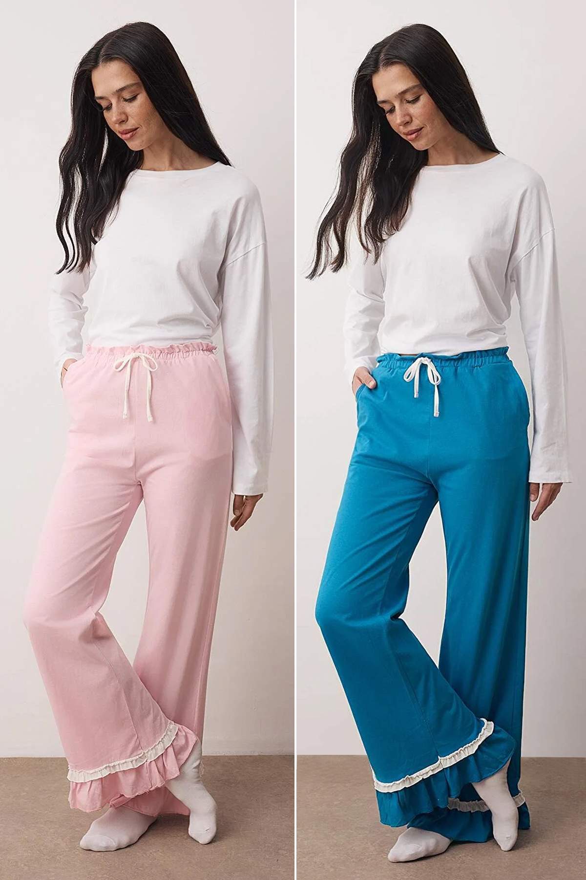 Trendyolmilla Pembe-Mavi 2'li %100 Pamuklu Fırfırlı Örme Pijama Altı THMAW26PJ00002