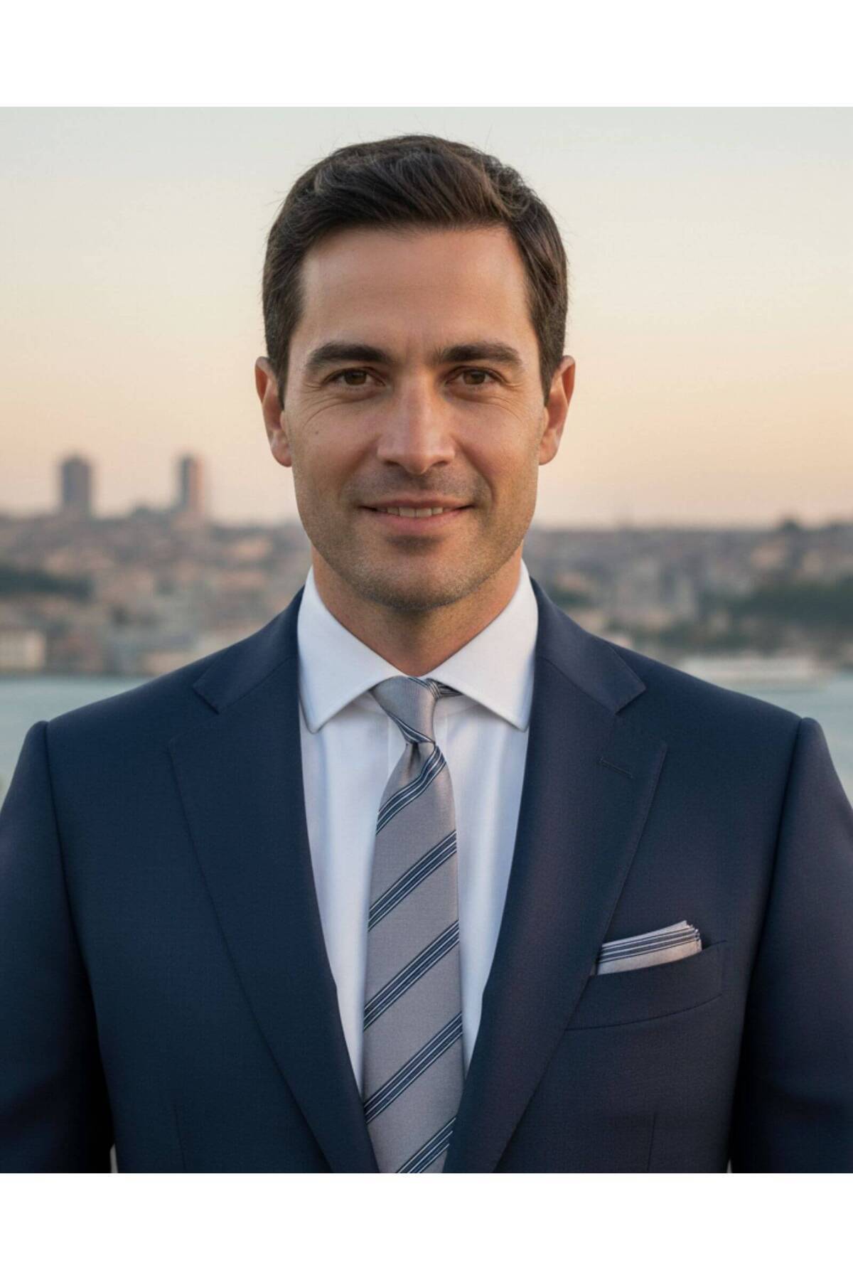  پوشت گردن راه راه آبی سرمه‌ای و سفید به عرض ۸ سانتی‌متر و کراوات خاکستری