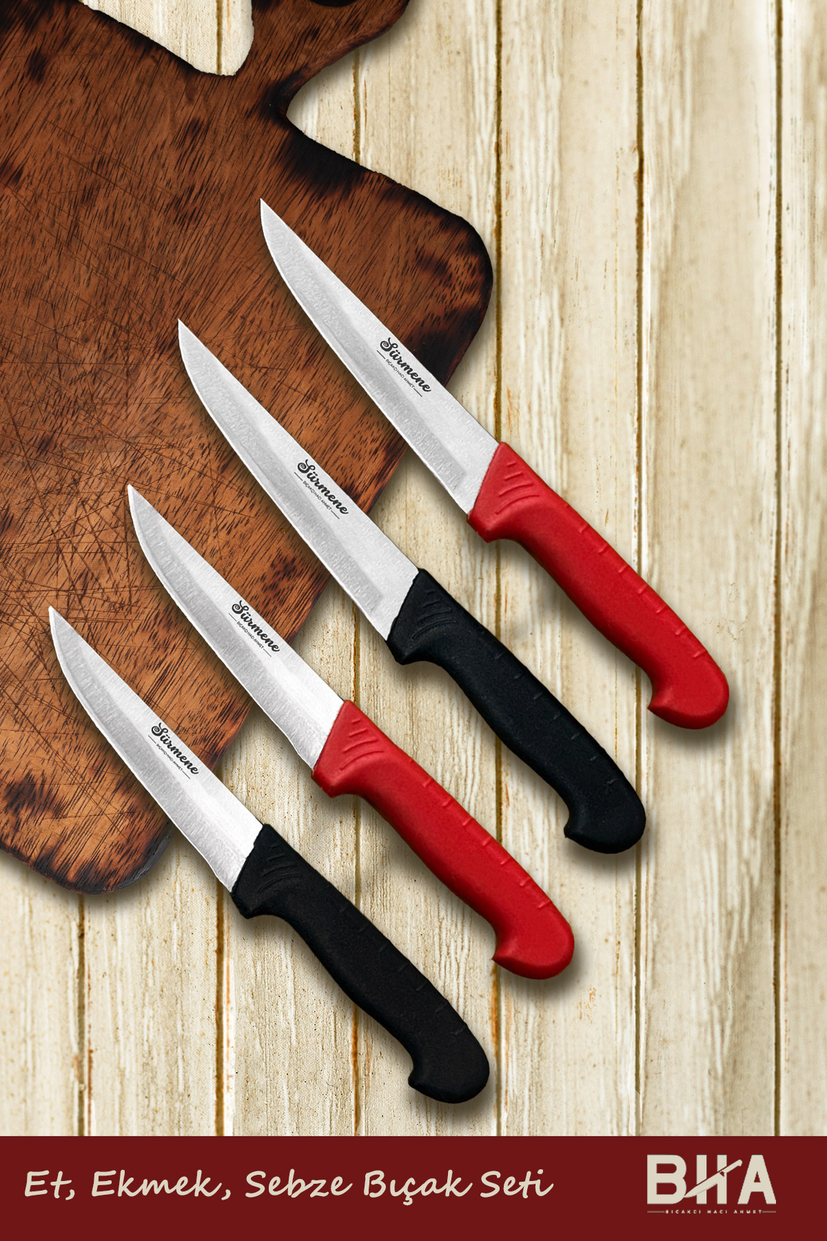 Sürmene Et, Ekmek, Sebze, Meyve 4 Parça Günlük Kullanım Mutfak Bıçakları Seti Plastik Sap Çift Renk