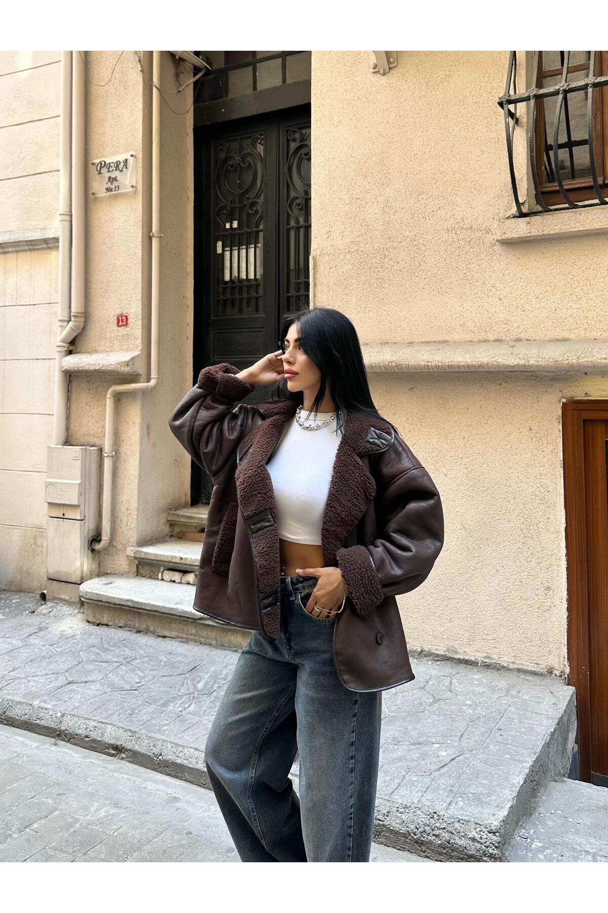 MEECY  Kadın Koyu Kahverengi Siyah Oversize Ceket - Görsel 5