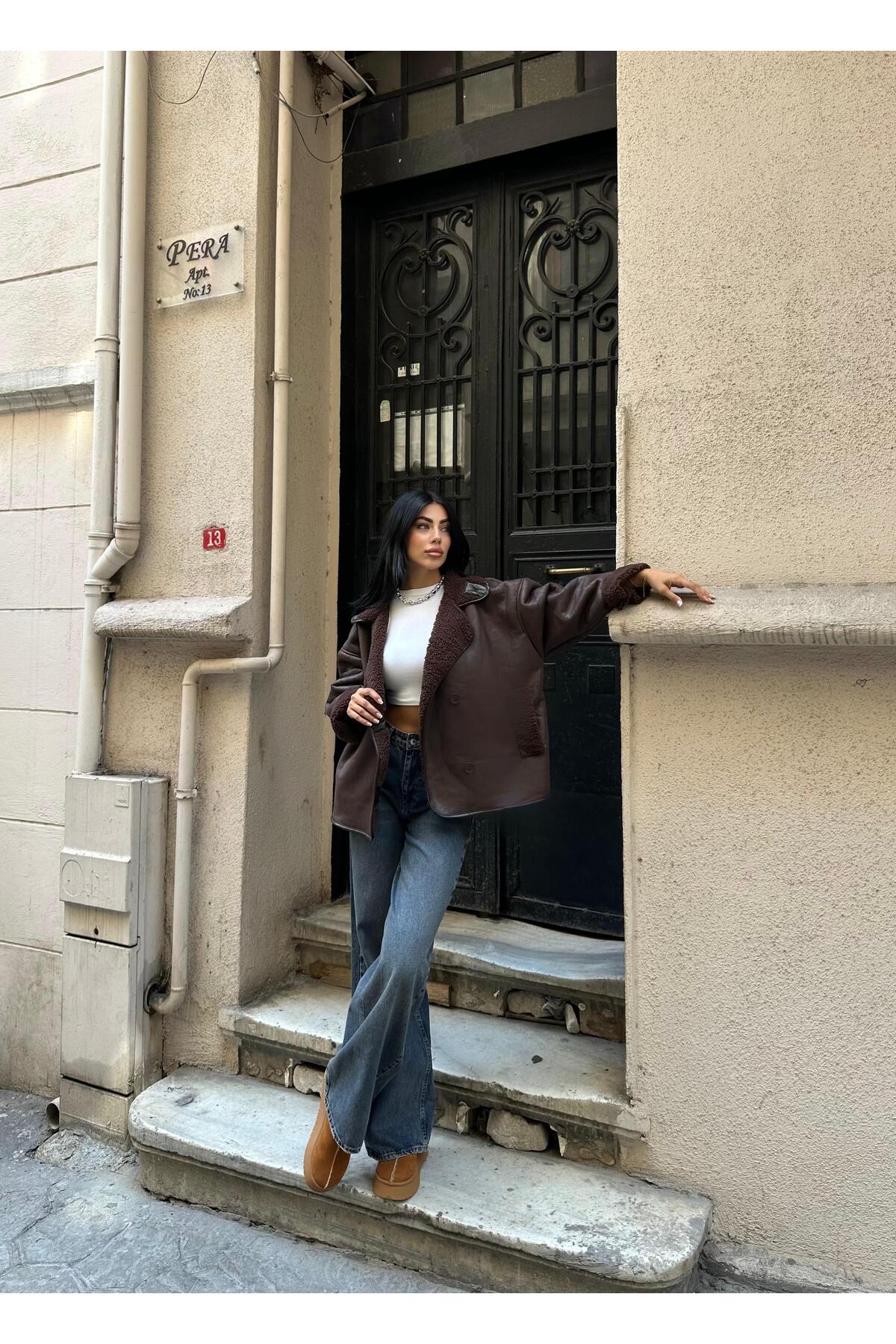 MEECY  Kadın Koyu Kahverengi Siyah Oversize Ceket - Görsel 6