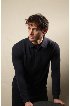 BORZ Erkek Lacivert Borz Nakış Detaylı Dayanıklı Esnek Kumaş Slim-Fit Polo Ya...