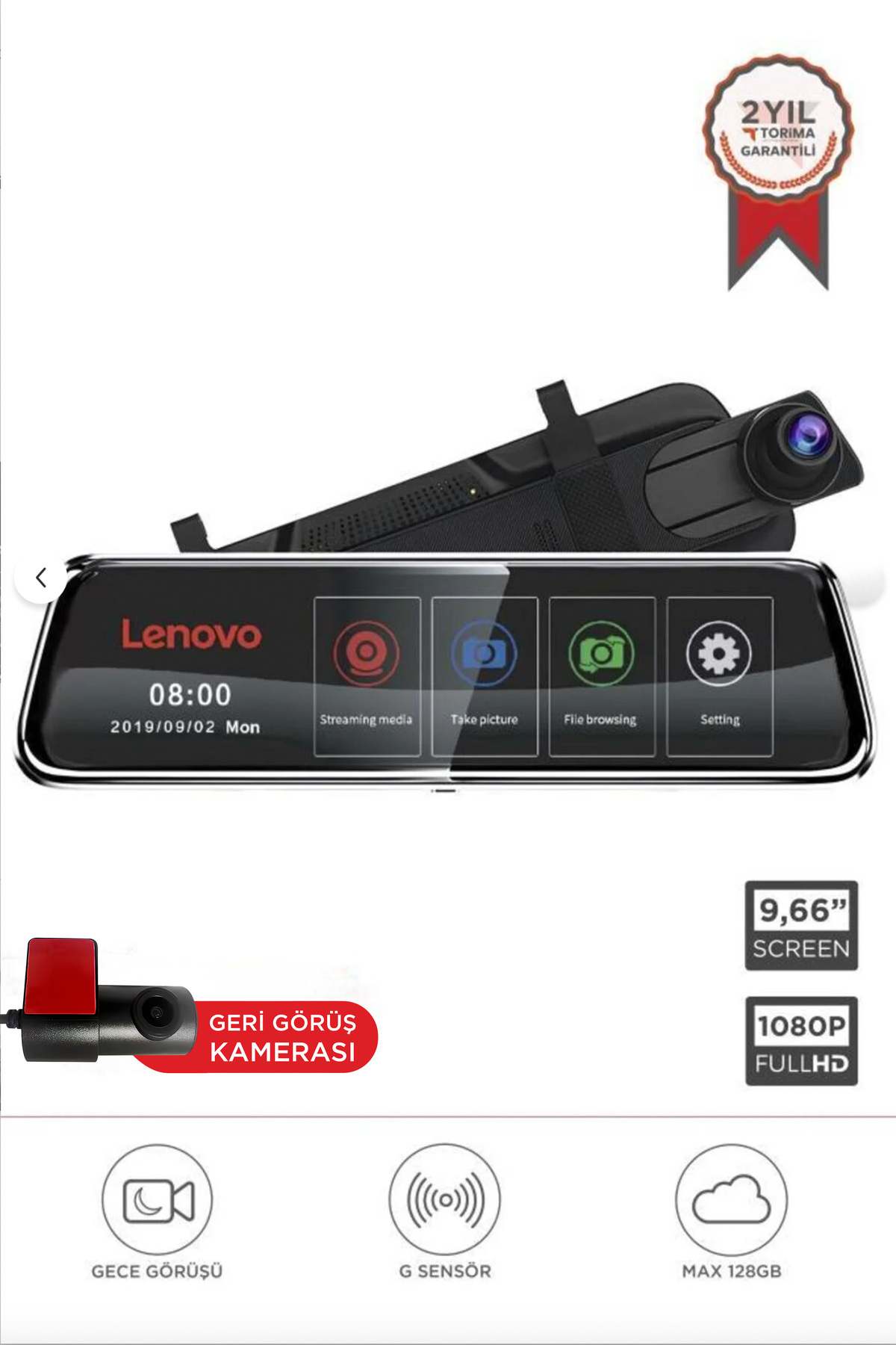 LENOVO V7/8801PLUS Siyah 1080P Araç içi 9.6inç Dokunmatik Dikiz Gece Görüşü Ön ve Arka Araç Kamerası