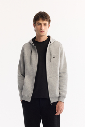 Avva Erkek Gri Kapüşonlu 3 İplik Şardonlu Fermuarlı Regular Fit Sweatshirt E0...