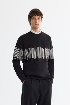 Avva Erkek Siyah Bisiklet Yaka Pamuklu Çizgili Sweatshirt B001203