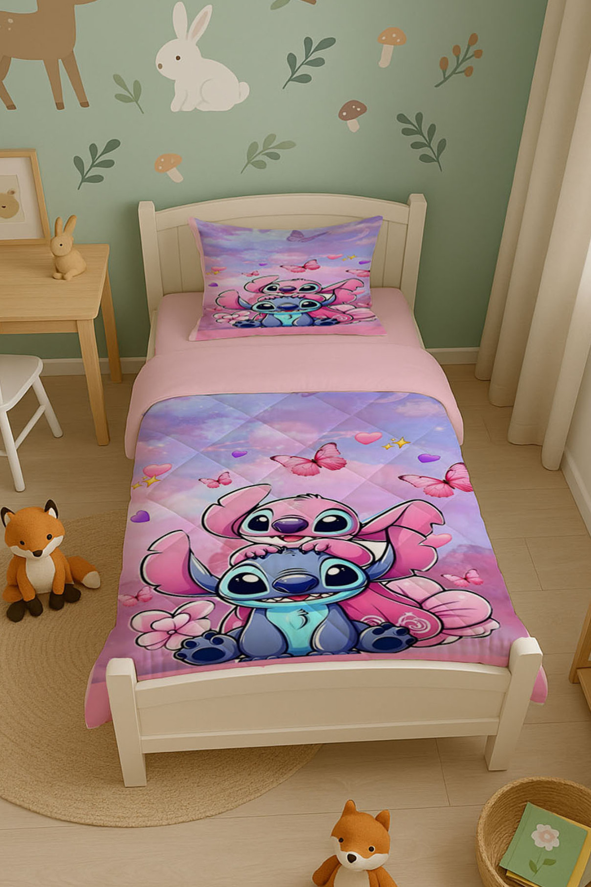 Şen Dekorasyon Stitch Pembe Çocuk Yorgan Takımı