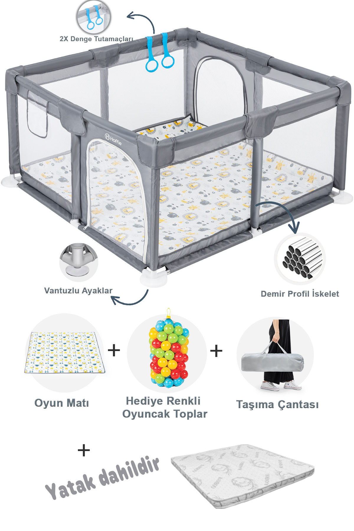 Hoffie Playard Güvenli Bebek Ve Çocuk Oyun Alanı Oyun Parkı 120x120 Oyun Matı Topları Ve ,yataklı Gri