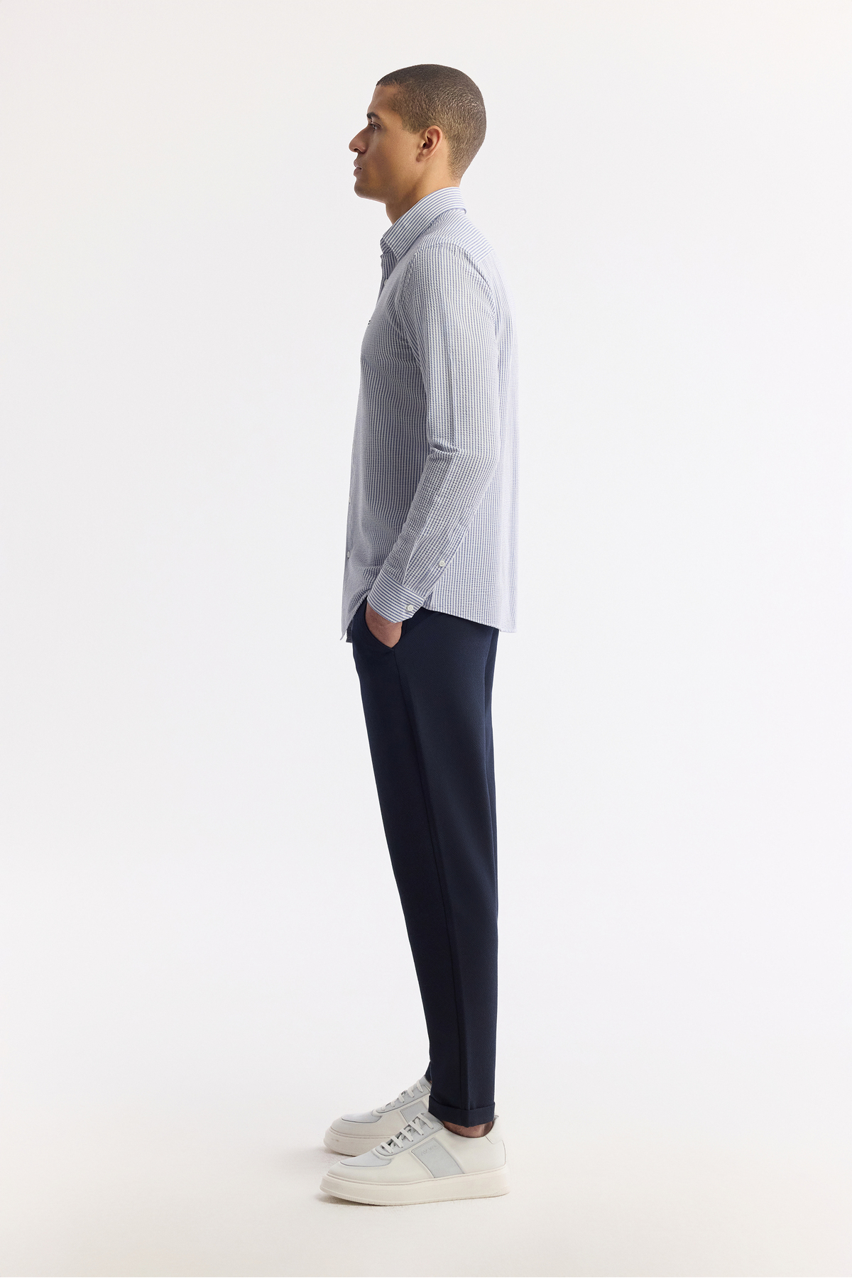 Avva  Erkek Lacivert Alttan Britli Yaka Çizgili Gofreli Comfort Fit Gömlek A51Y2028 - Görsel 3