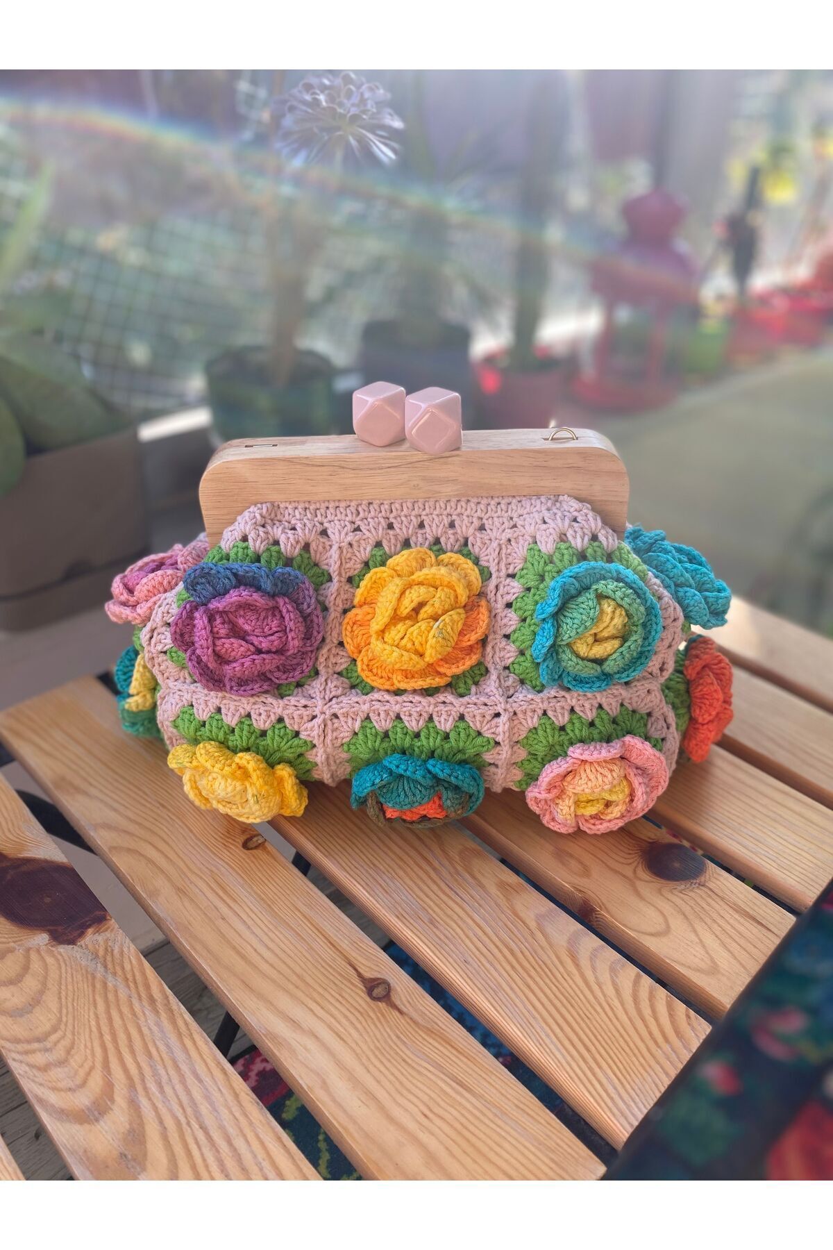 Satürn Hobi Örgü Ahşap Burslu Gül Motifli Clutch Çanta görsel 6