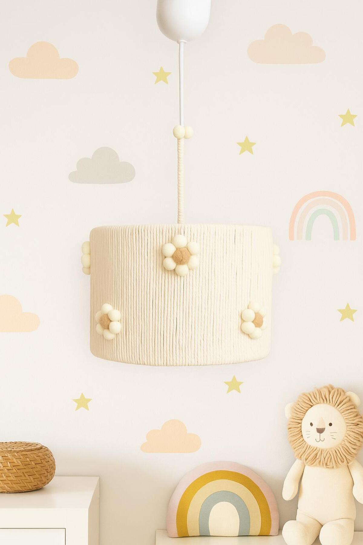 C&A Silindir Makrome Ekru Ip Sargılı Ponpon Çiçekli Genç Odası Bebek Çocuk Odası Tasarım Sarkıt Avize fotoğrafı 4 (önizleme)