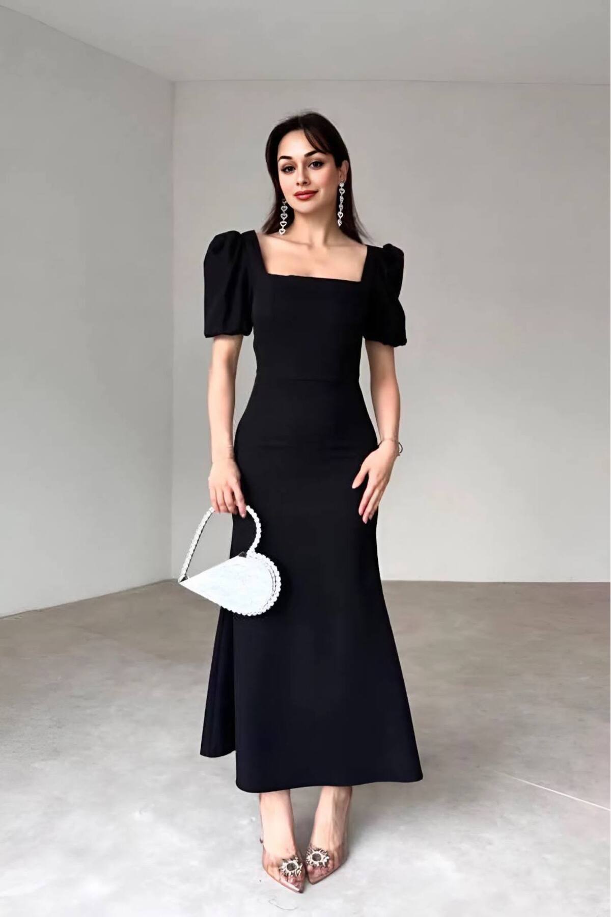 Varyete  Balon Kol Kare Yaka Maxi Boy Yırtmaçlı Elbise Düğün Nişan Söz Mezuniyet Davet - Görsel 3