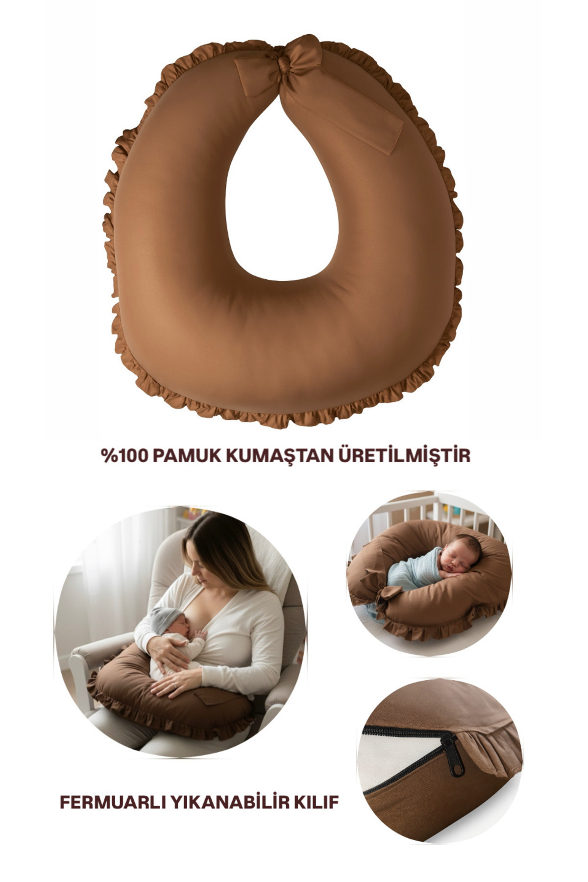 Alya Tiny Emzirme Yastığı Ve Destek Minderi - %100 Pamuk Kahve Fırfırlı