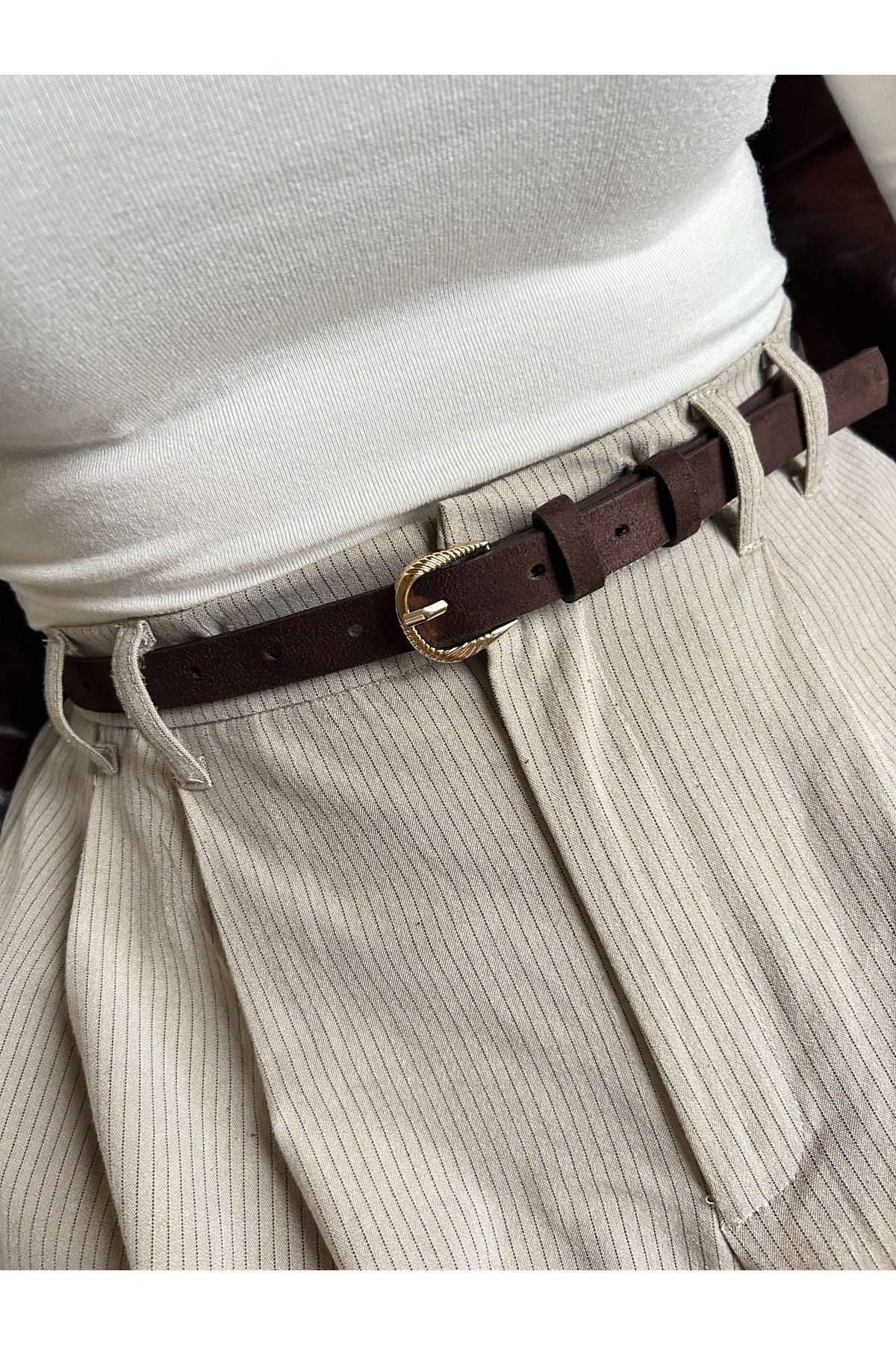 LİA KEMER  Fact Çİzgili Halka Desenli Süet Kadın Gold Tokalı Kemer Ceket Kemeri Elbise Kemeri Pantolon Kemeri - Görsel 2