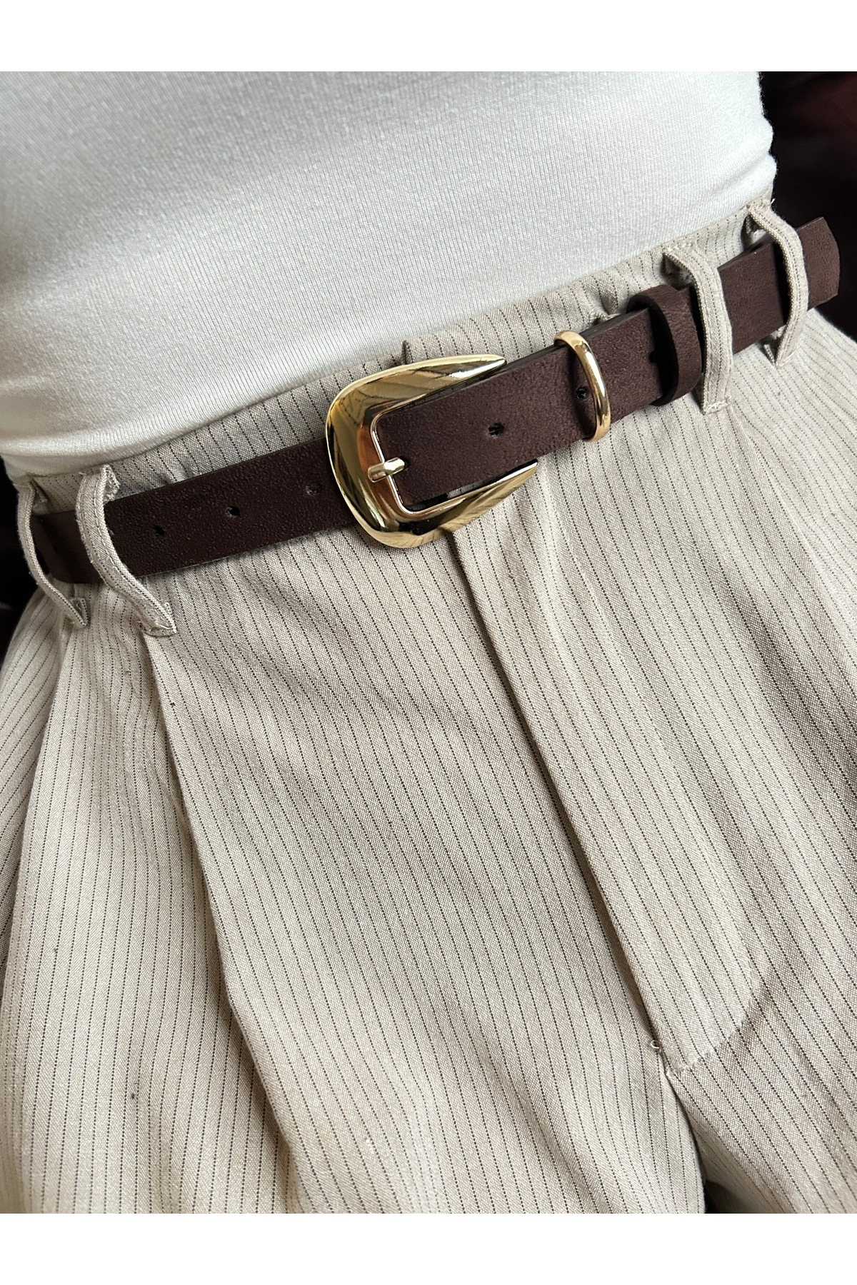 LİA KEMER  Jewel Düz Desenli Süet Kadın Gold Tokalı Kemer Ceket Kemeri Elbise Kemeri Pantolon Kemeri - Görsel 3