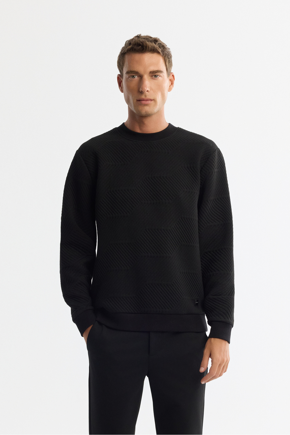 Avva Erkek Siyah Bisiklet Yaka Baskılı Elastan Regular Fit Sweatshirt A42Y1275