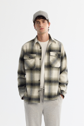 Avva Erkek Haki Klasik Yaka Ekoseli Yün Karışımlı Comfort Fit Gömlek Ceket A4...