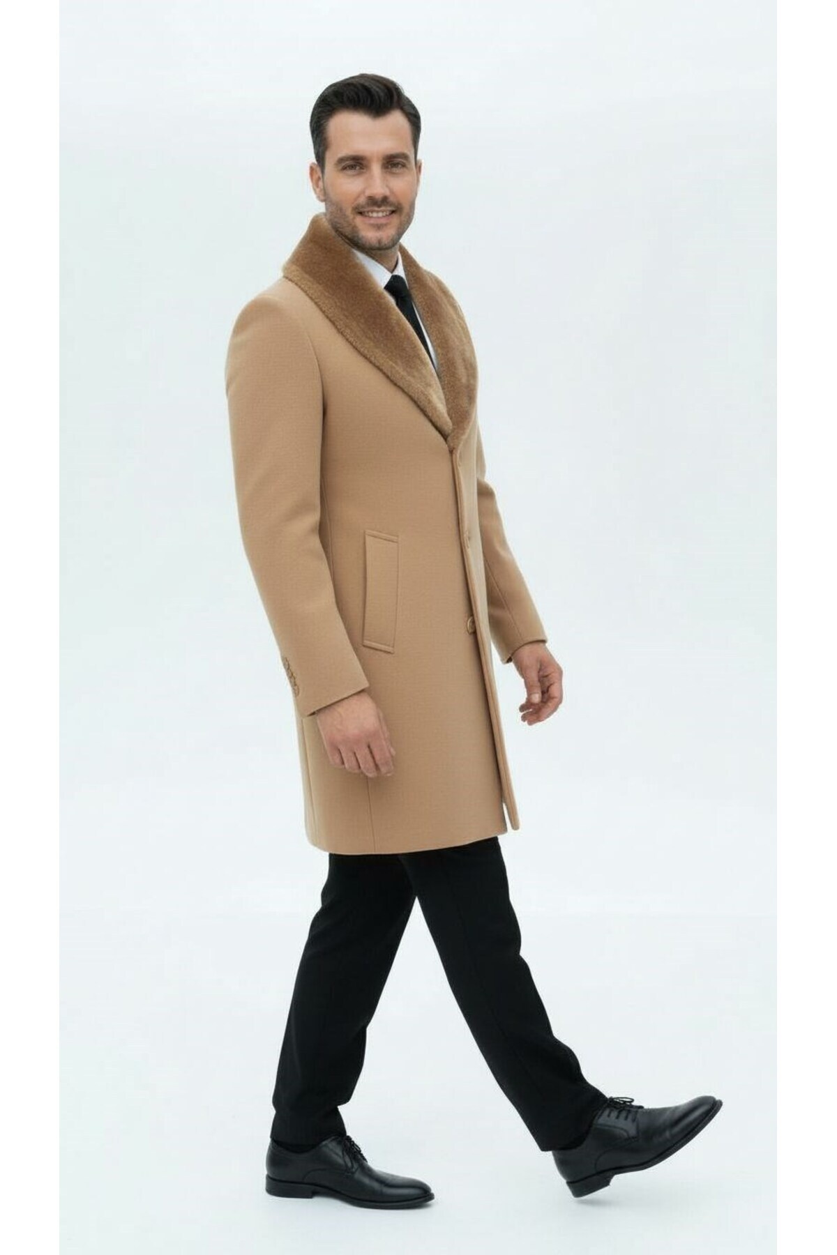 Plus Scorpion Erkek Uzun Kaşe Kaban, Çıkartılabilir Kürk Yaka, Astarlı ve Cepli Slim Fit Mont (Bej, görsel 3