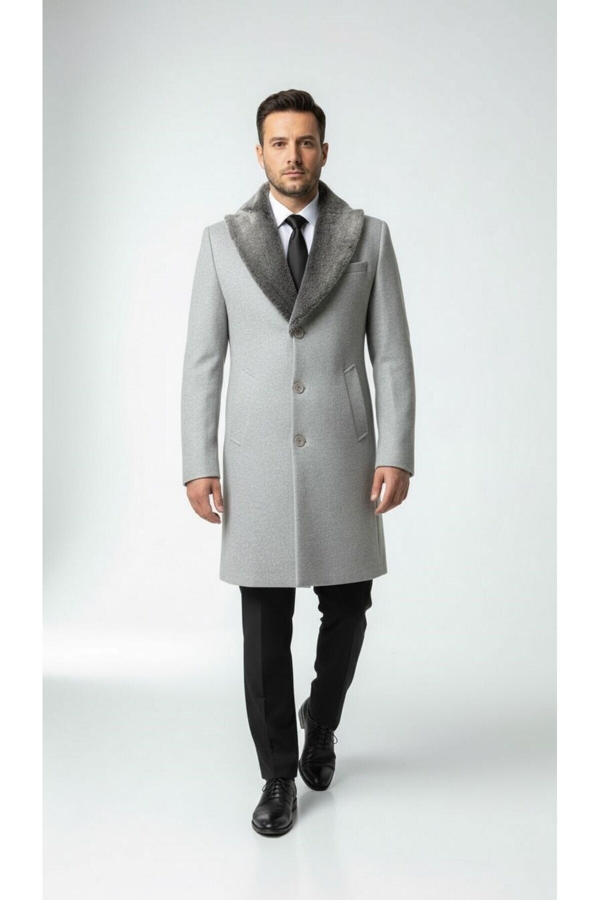 Plus Scorpion Erkek Uzun Kaşe Kaban, Çıkartılabilir Kürk Yaka, Astarlı ve Cepli Slim Fit Mont (Bej, görsel 3