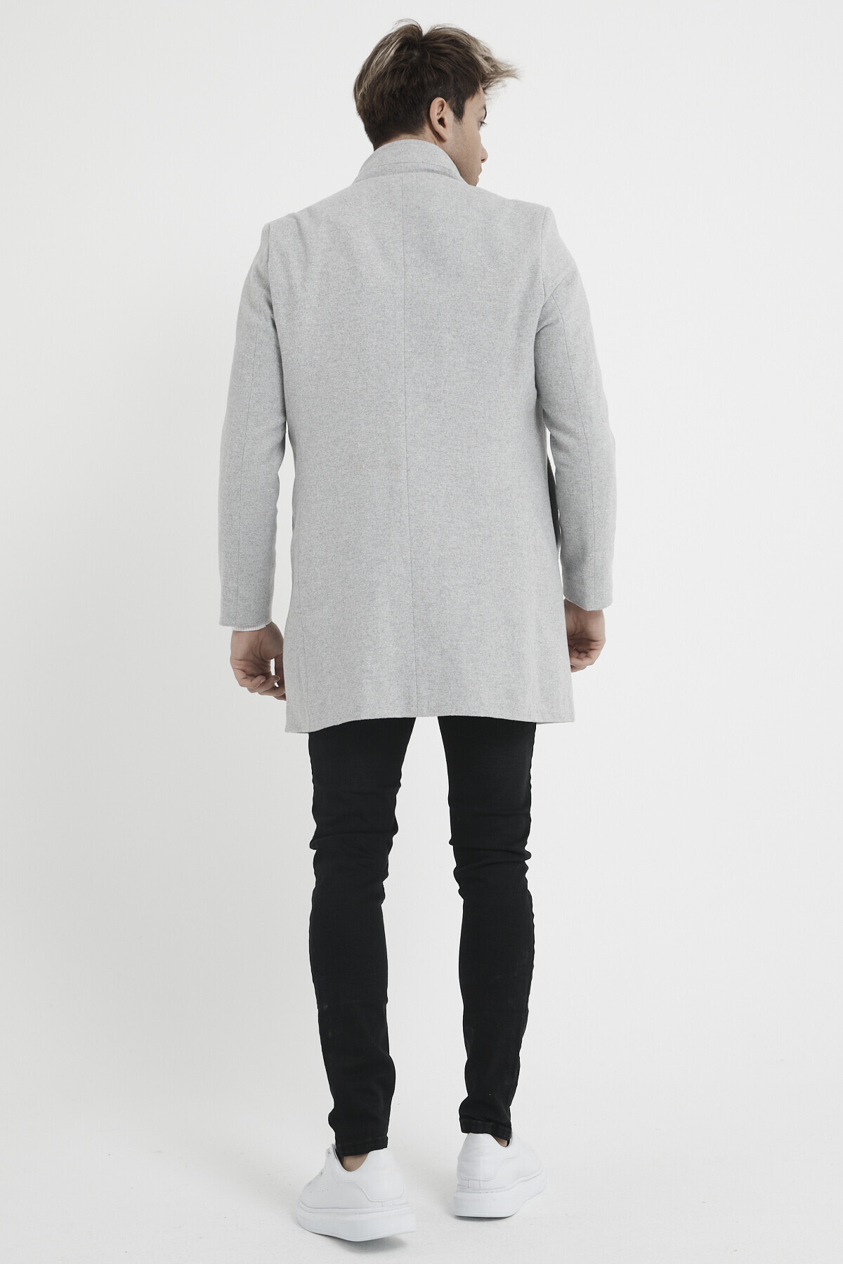 MODAMESTO  Erkek Gri Slim Fit Dik Yaka Kaşe Kaban - Görsel 5