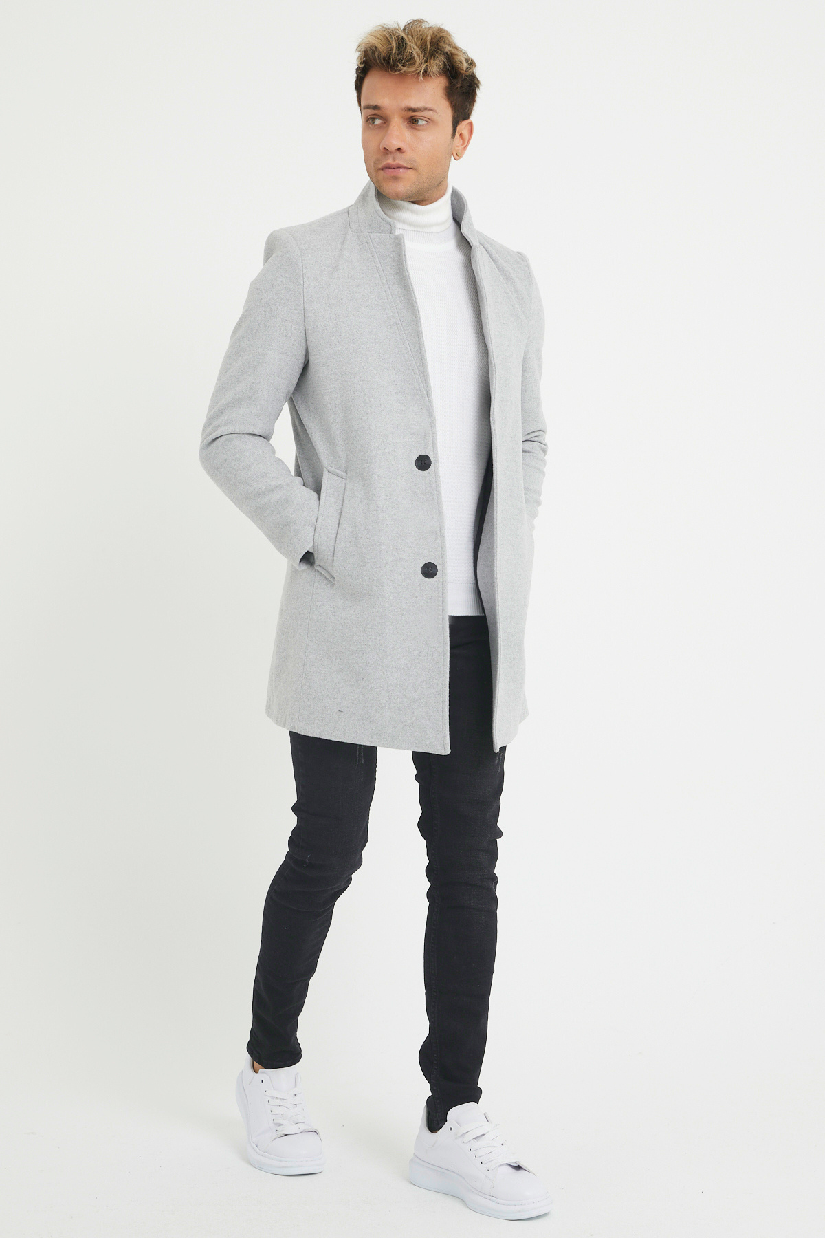 MODAMESTO  Erkek Gri Slim Fit Dik Yaka Kaşe Kaban - Görsel 4