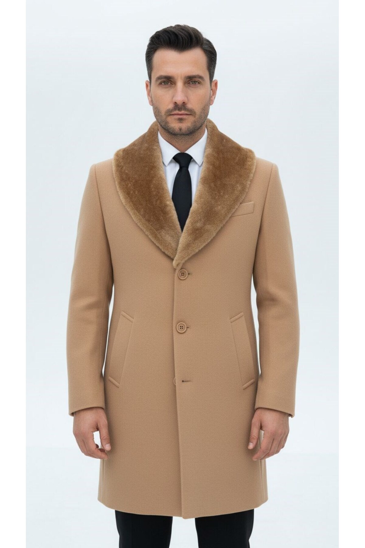 Plus Scorpion Erkek Uzun Kaşe Kaban, Çıkartılabilir Kürk Yaka, Astarlı ve Cepli Slim Fit Mont (Bej,