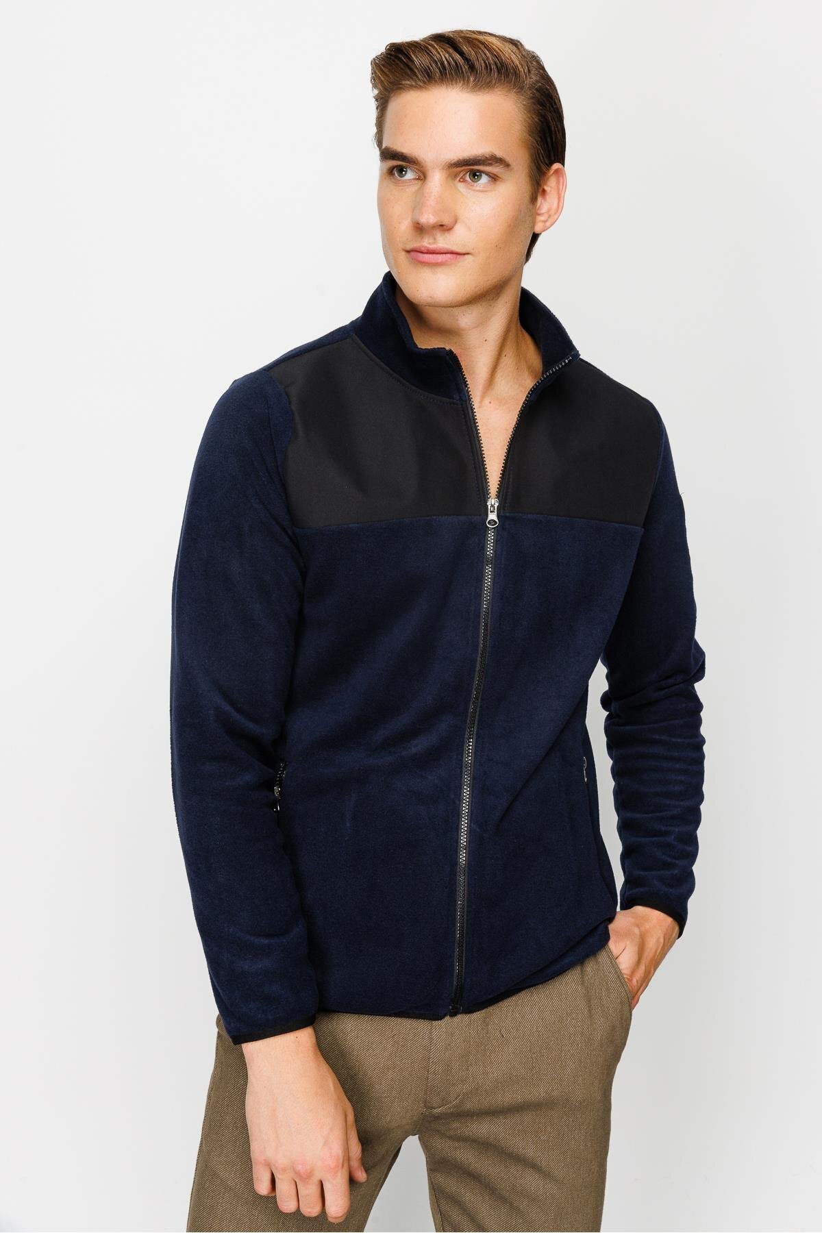 Lacivert Erkek Polar Sweatshirt Tam Fermuarlı Dik Yaka Model — سرمهای 22537BYTFPKFSTD