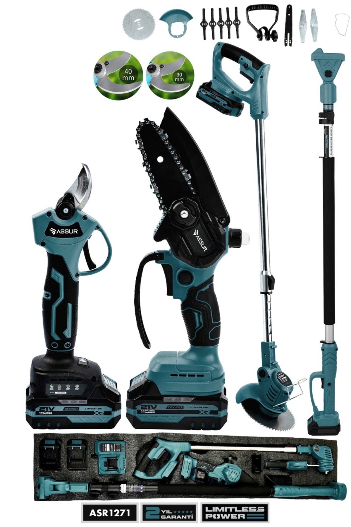 ASSUR Profesyonel 4'lü Set 21V Teleskopik Bağ Makası & Çim Biçme Makinesi & Budama Testeresi