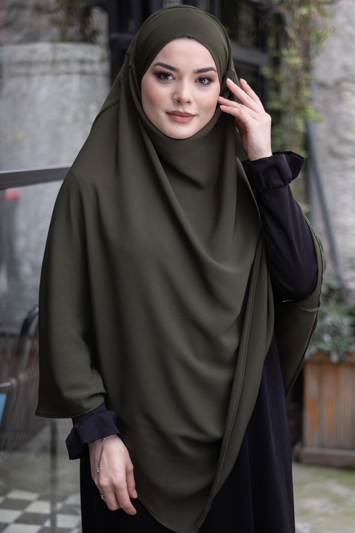 Khaki Practical Ready-Made Hijab Scarf Medina Silk Laced Souffle Hijab 2301_09