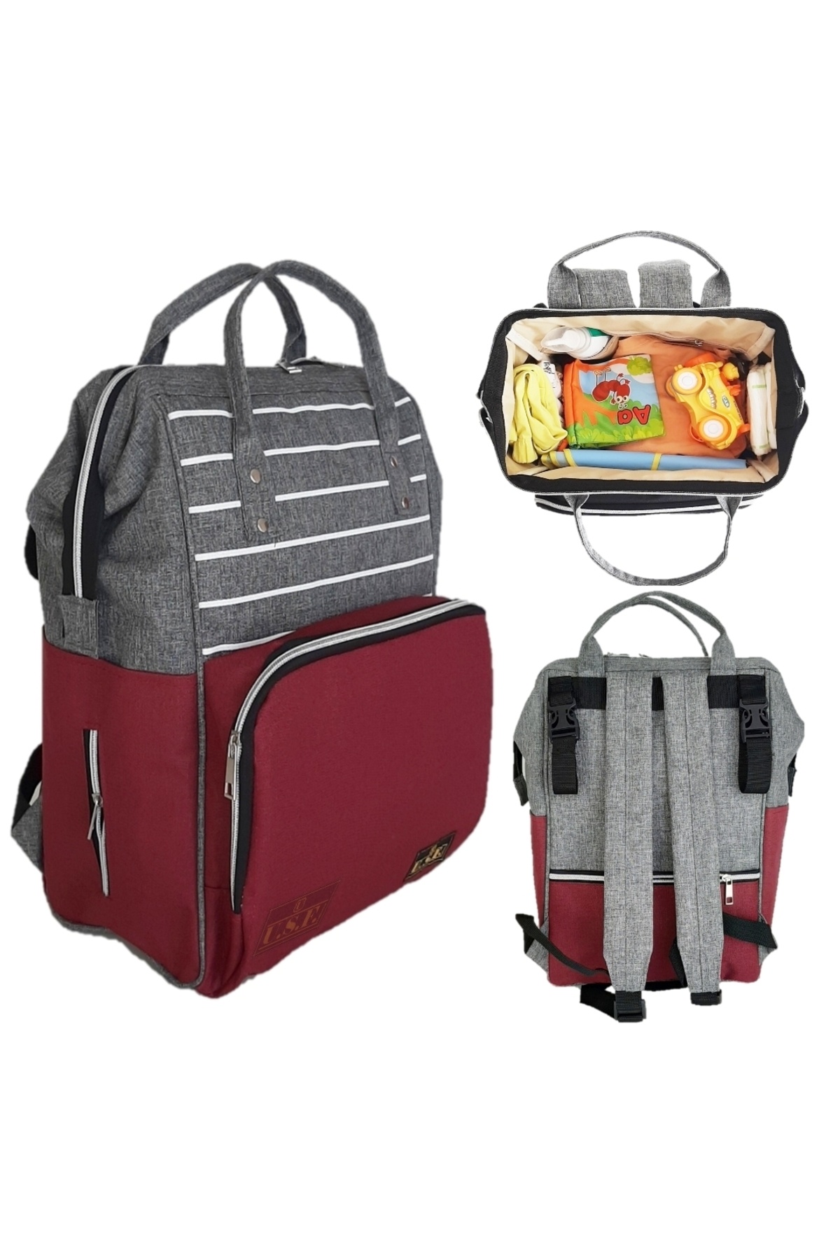 USF Ana Kucağı Puset Bebek Taşıma + Anne Bebek Bakım Çantası - Gri - Çizgili Gri Bordo fotoğrafı 4 (önizleme)