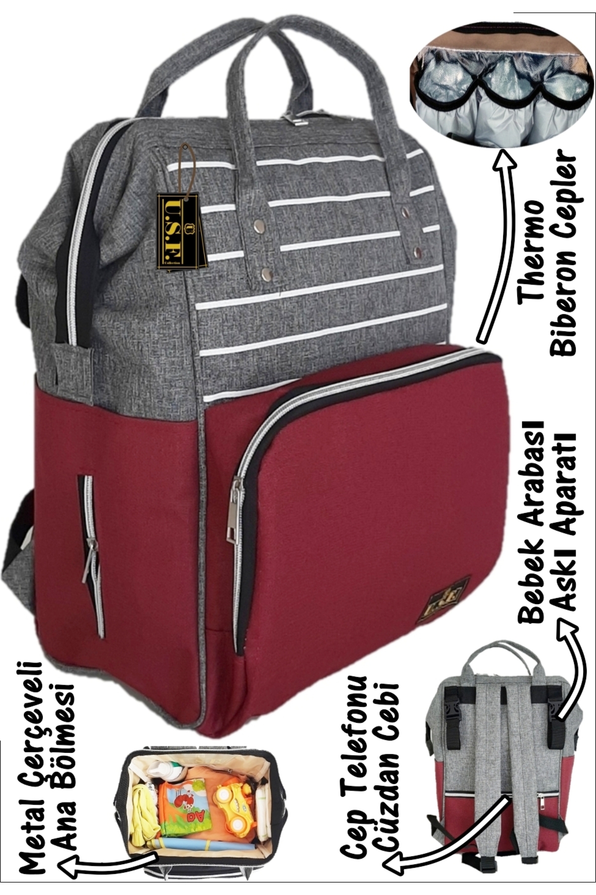 USF Ana Kucağı Puset Bebek Taşıma + Anne Bebek Bakım Çantası - Gri - Çizgili Gri Bordo fotoğrafı 3 (önizleme)