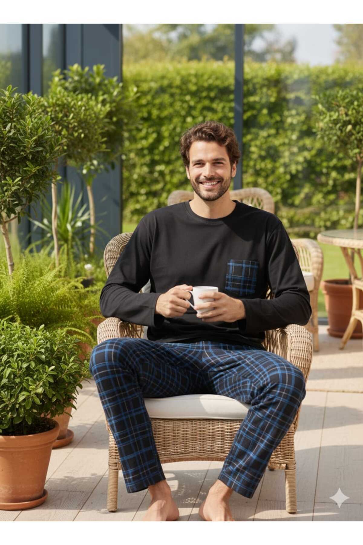 Sude HOMEWEAR Erkek Ekoseli Cepli Uzun Kollu Pijama Takımı