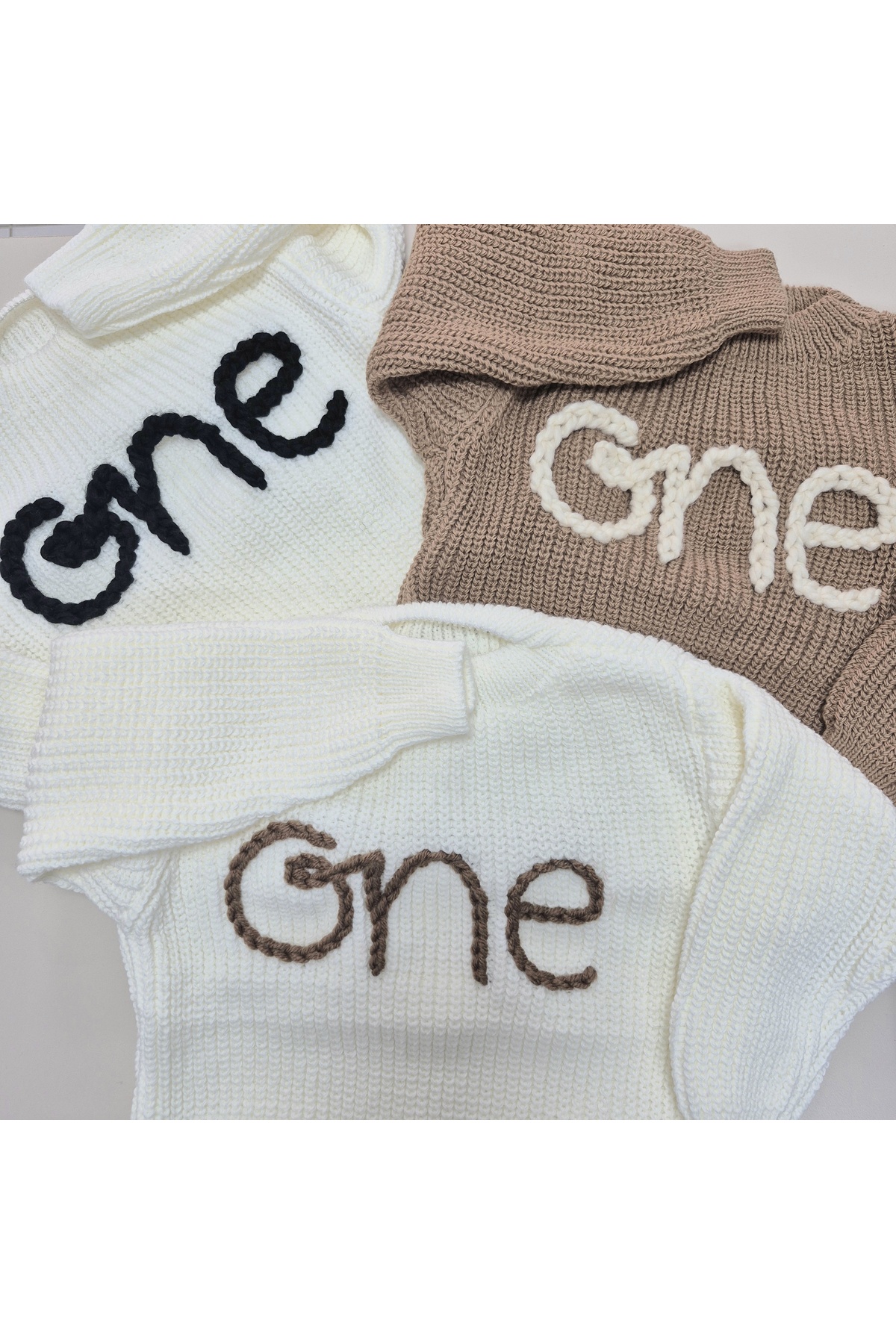 FLOWER BABY selanik örgü triko oversize bebek kazak yaş günü doğum günü one yazılı bebek kazak fotoğrafı 3 (önizleme)