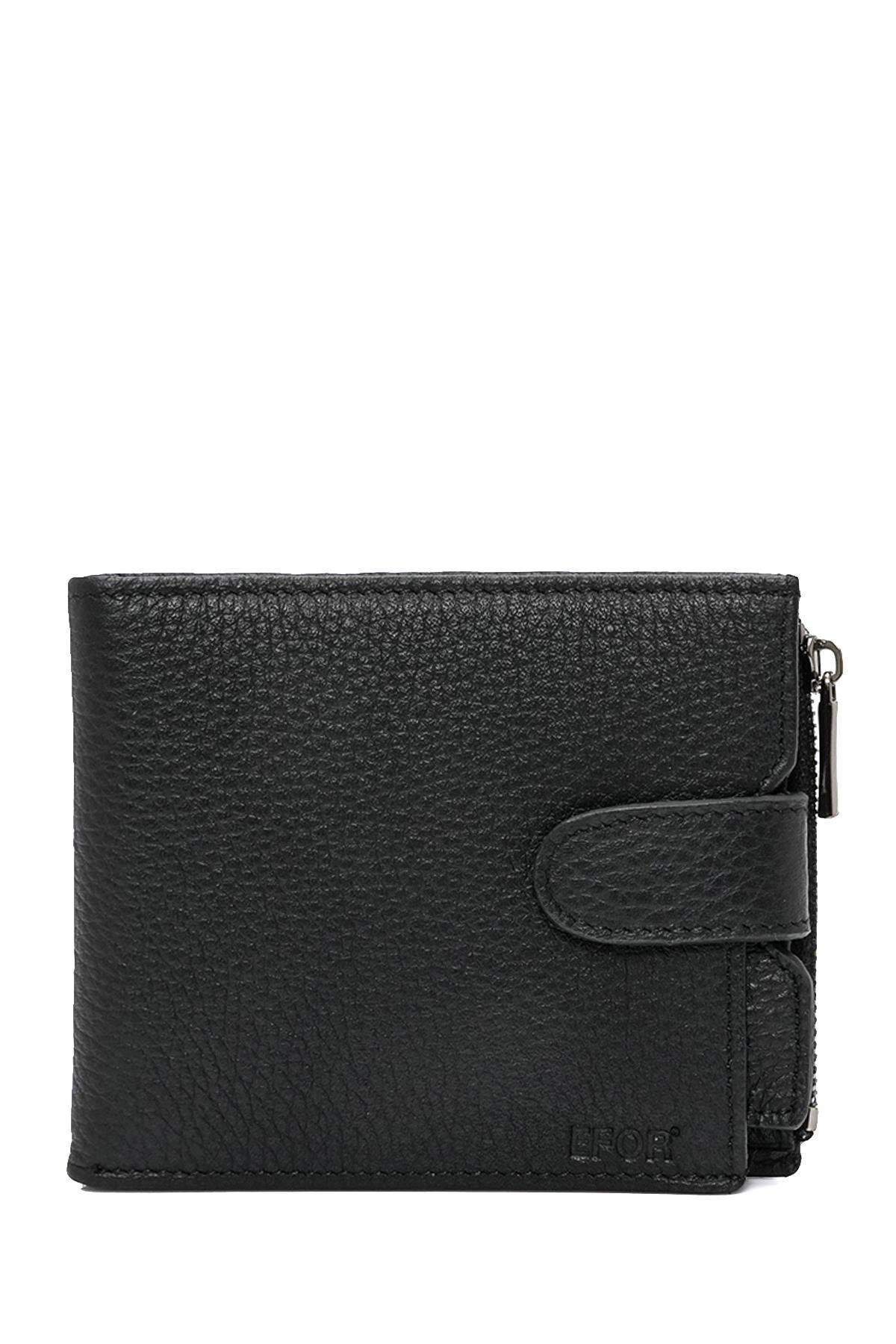 افور کیف پول چرم ۱۰۰٪ مشکی با محفظه زیپ‌دار، قفل جلویی و جای کارت، بخش ۰۳۶