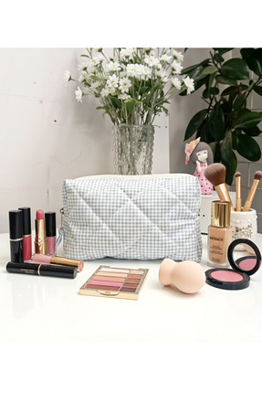 Mufincollection "Yumuşak Elyaf Dolgulu, Mavi Kareli Makyaj çantası "