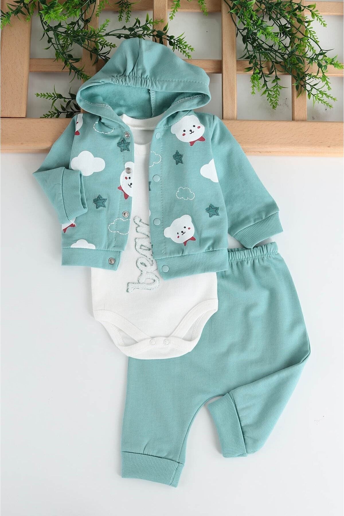 Ege Bebek Erkek Bebek Mini Bear Desenli 3 Parça Mevsimlik Zıbın Takımı / Alt Üst Takım Yenidoğan fotoğrafı 2 (önizleme)