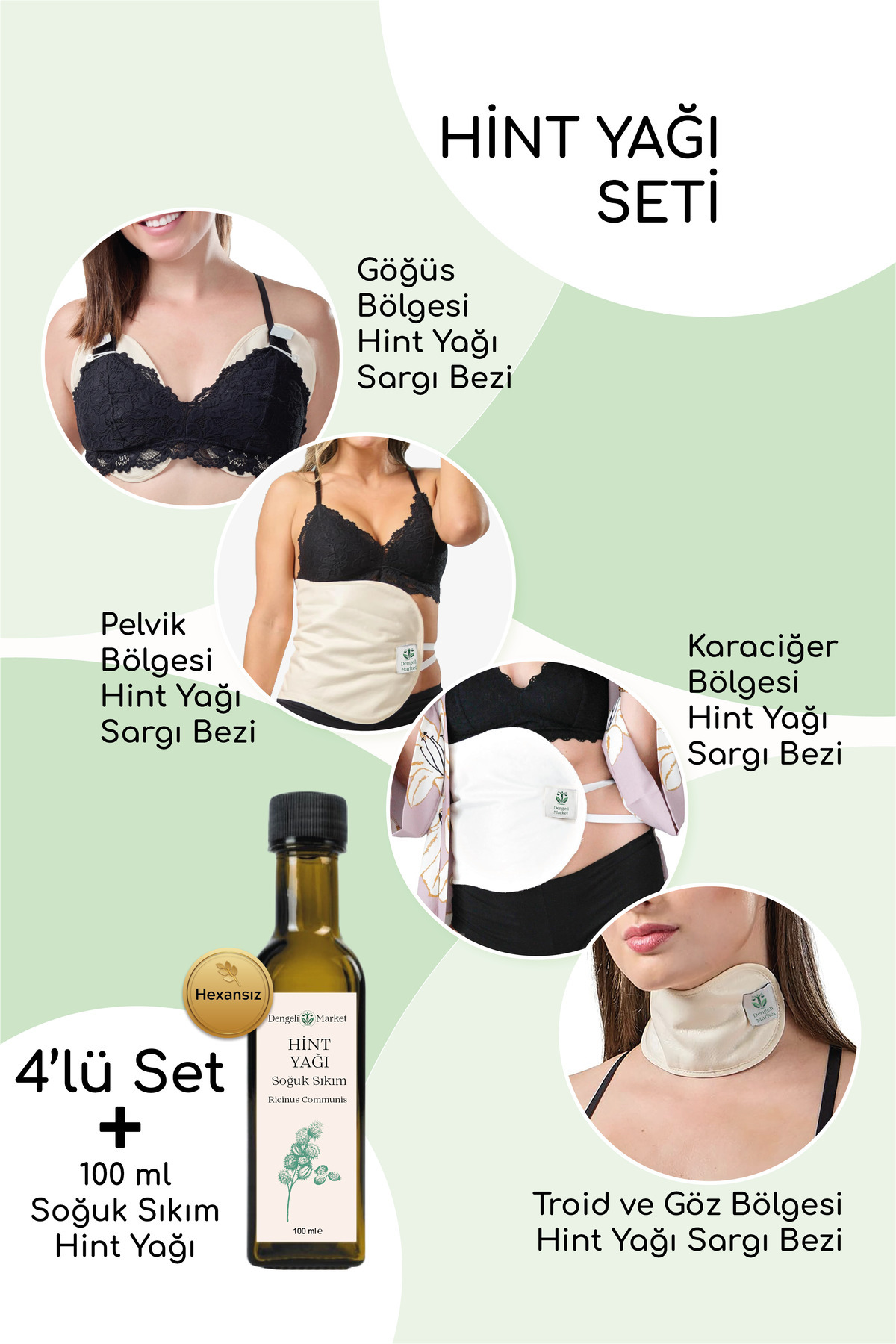 Dengeli Market HİNT YAĞI SARGISI 4'LÜ SET: KARACİĞER, PELVİK, TİROİD VE GÖĞÜS SARGI BEZİ+100 Ml HEXANSIZ HİNT YAĞI