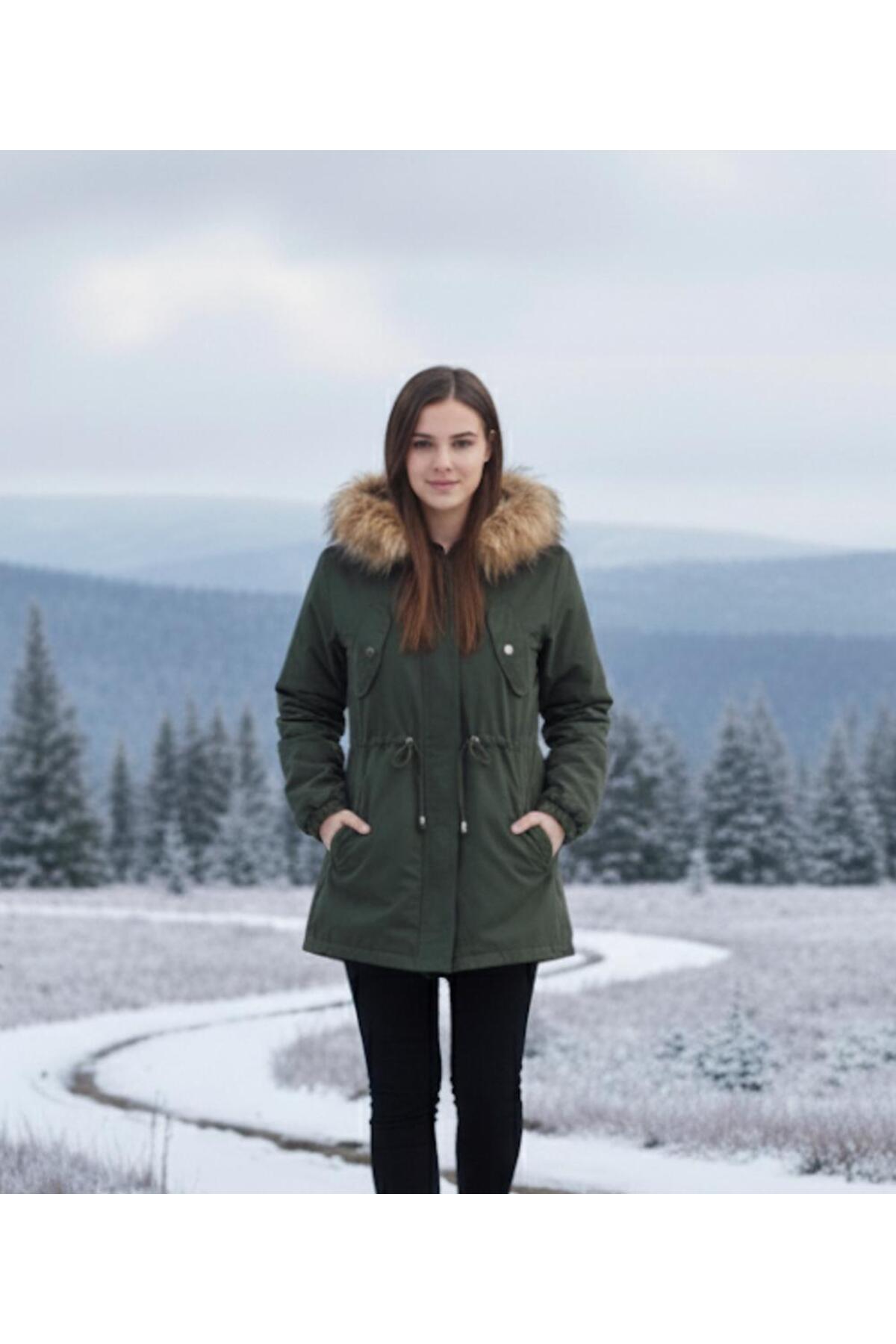PNR WOMAN Bayan Içi Peluş Şapkası Kürklü Mont 056 Haki - Fiyatı