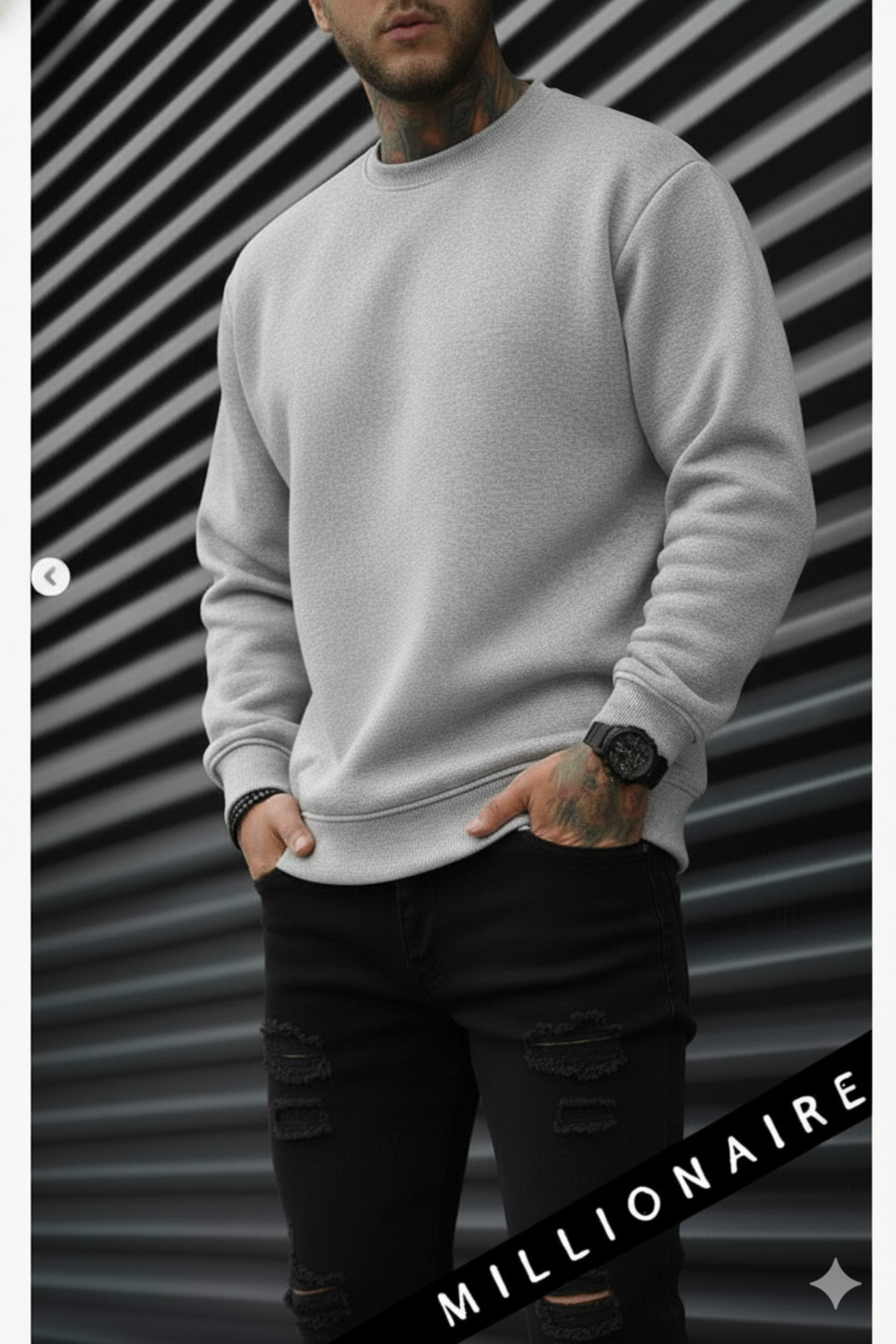 Millionaire  Erkek Düz Gri Basic Baskısız Sıfır Bisiklet Yaka Oversize Salaş Sweatshirt Sweat - Görsel 3