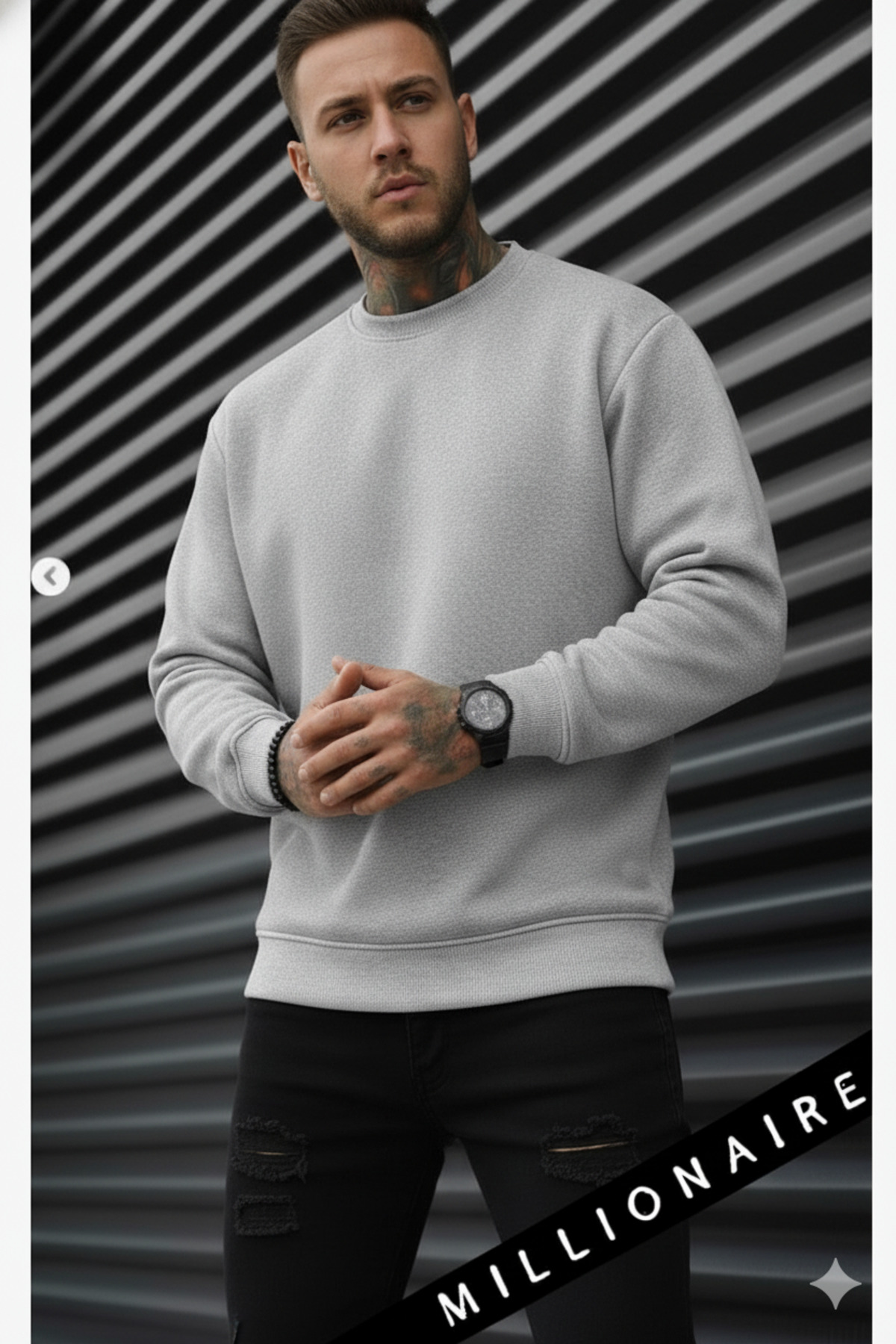 Millionaire  Erkek Düz Gri Basic Baskısız Sıfır Bisiklet Yaka Oversize Salaş Sweatshirt Sweat - Görsel 2