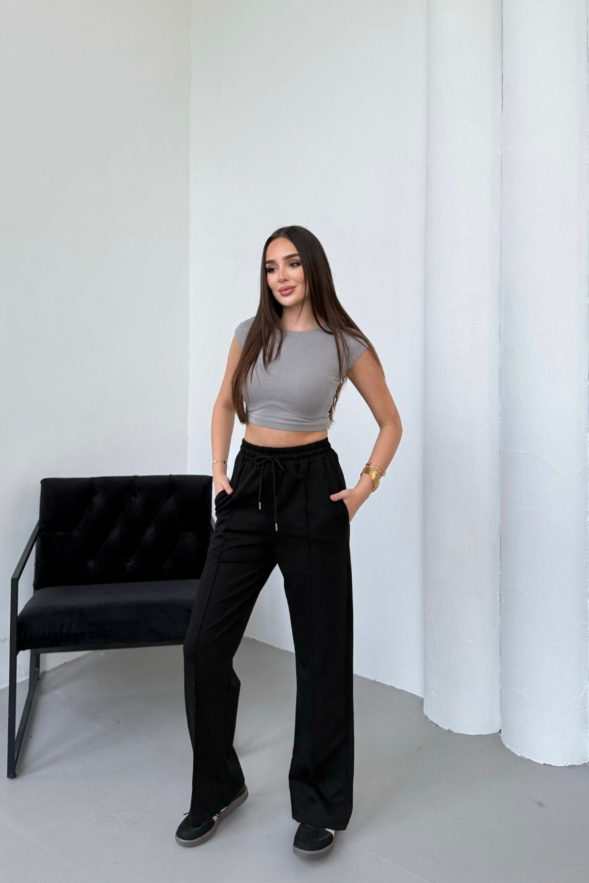 Mezka  Kadın Siyah Çımalı 2 İplik Bol Paça Beli Lastikli Eşofman Altı - Görsel 8